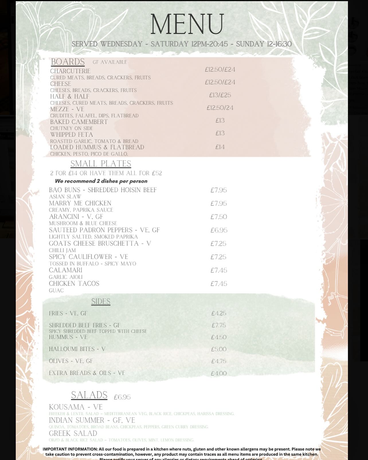 Made a few little tweaks to our current menu with some exciting additions!
We are stopping our roast sharing boards until later in the year! But will be offering all of our small plates for £46! You can add on a bottle of wine for an extra £15 too!