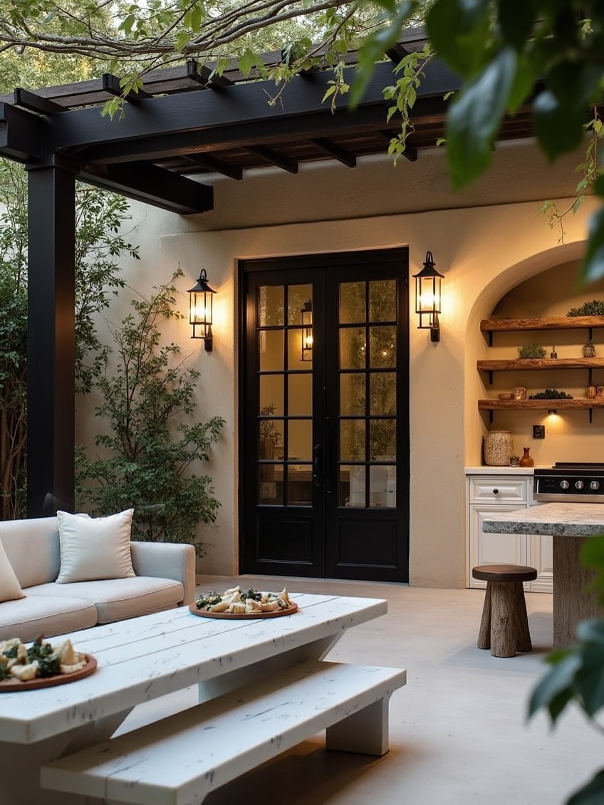 An Evening Escape, Right at Home ✨
This serene courtyard seamlessly blends rustic warmth with refined elegance. From the black French doors and handcrafted wooden shelves to the cozy built-in outdoor kitchen, every detail invites slow living and connection.
The matte black pergola adds architectural contrast against the soft stucco walls, while integrated lantern sconces cast a warm, welcoming glow. The oversized marble picnic-style table—with matching bench seating—makes gathering under the trees feel both grounded and elevated.
Perfect for quiet mornings with coffee or unforgettable nights with friends, this is where style meets soul.
—
#OutdoorLiving #CourtyardDesign #ModernRustic #AlFrescoDining #BlackAndWhiteDesign #InteriorDesignInspo #CustomOutdoorKitchen #FrenchDoors #PergolaStyle #UnderTheStars