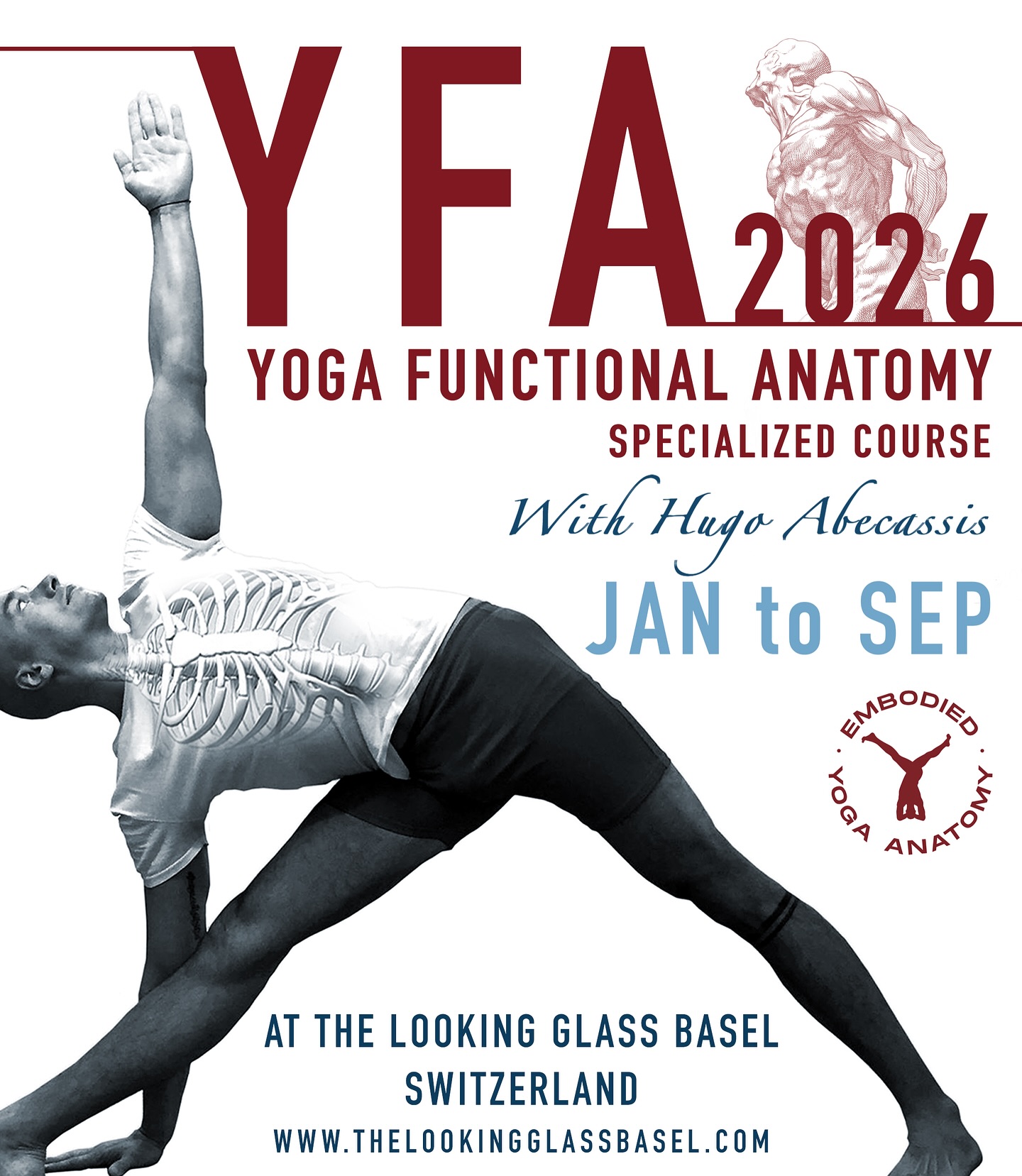 NEW DATES!!! APRIL TO NOVEMBER!
YOGA FUNCTIONAL ANATOMY Specialized Training
Certified by the EMBODIED YOGA ANATOMY- 100 hours
April to November 2026
At The Looking Glass Basel, Switzerland
ONLINE AND IN PERSON
Understanding Anatomy and body’s mechanics is one of the essential tools for the Yoga practice, both for teachers and practitioners.
SEMINARS:
. Introduction to Anatomy & Practice
. Ankles, feet and arches
. Knees
. Pelvic Girdle & Hips
. Spine I
. Shoulder Girdle
. Hands, wrists & forearms
. Posturology & Body Reading I
OBJECTIVES OF THIS COURSE:
. Gain a profound knowledge of the body’s mechanics, physiology and bio-mechanics and how to use this knowledge in the yoga practice.
. Learn how to prevent injuries in the practice of asana and learn some methods that can help you improve those injuries.
• Integrate this knowledge in your self practice or with your students in the yoga classes and use It to refine and adapt the practice to their needs.
. Enrich your communication and intervention with your students in the yoga classes.
CALENDAR:
First two seminars (4 days):
APRIL 17 to 20
Second two seminars (4 days):
JUNE 26 to 29
Third two seminars (4 days):
SEPTEMBER 18 to 21
Fourth two seminars (4days):
NOVEMBER 27 to 30
More info:
+41.79.859.3924 | awakentothepath@gmail.com | www.thelookingglassbasel.com
.
.
.
.
.
#Yoga #asana #yogaanatomy #yogafascia #utthitatrikonasana #utthitaparsvakonasana
#handsonadjustments #yogabasel #yogaadjustments #onlineyogaclasses #iyengaryoga #yogaportugal #lisbonyoga #practice #hugoabecassis #yogaclasses #yogainspiration #yogapose #yogalisboa #yogateacher #flexibility #iyengar #yogaeveryday #yogi #yogajourney #stretching #yogisportugueses #yogacourse #yogafunctionalanatomy #yogaswitzerland