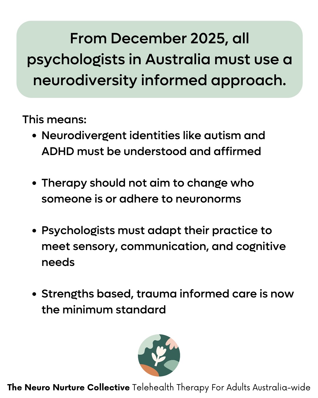 If you’re neurodivergent and seeking therapy, this change supports your right to:
Be seen and affirmed as you are
Not have to mask to receive care
Work with a psychologist who respects your needs
Focus on your goals, not someone else’s version of “normal”🙏🏻