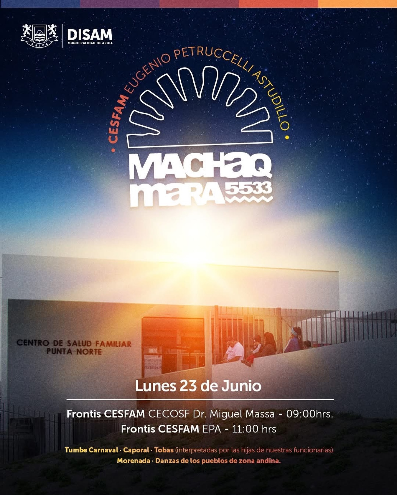 🥳#Invitación | El CESFAM Eugenio Petruccelli Astudillo invita a toda a la comunidad a sumarse a esta imperdible celebración enmarcada en el 𝗔𝗻̃𝗼 𝗡𝘂𝗲𝘃𝗼 𝗔𝘆𝗺𝗮𝗿𝗮 𝟮𝟬𝟮𝟱. 🤩
🟡Ven y sé parte de esta festividad de agradecimiento a la madre tierra🥳
🗓Lunes 23 de junio
⏰de 09:00 horas. (frontis CECOSF Dr. Miguel Massa)
⏰de 11:00 horas. (frontis CESFAM EPA)🎉