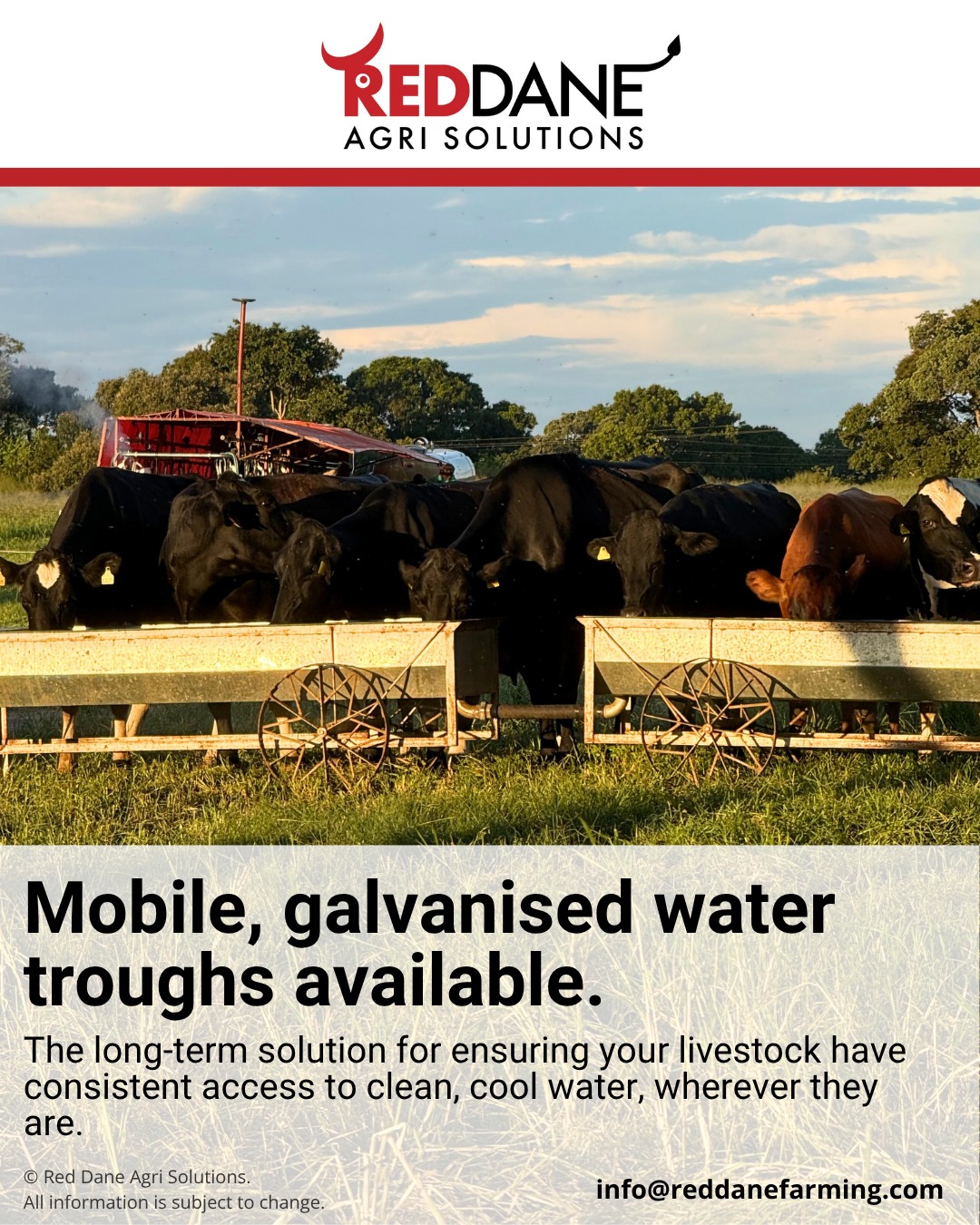 💧 A quality water trough is more than just a container — it’s a smart investment in animal health and farm productivity. Poor water quality can lead to disease, reduced feed intake, and lower milk or meat yields. That’s why a well-designed, durable trough matters.
✅ Easy to clean
✅ Built to last
✅ Ensures fresh water at all times
Our locally made galvanised steel water troughs help to reduce labour and water waste. They are built to last and reduce long-term costs due to minimal maintenance requirements.
Their strong, practical wheels ensure that your cattle have access to clean, cool water wherever they are!
#RedDaneAgriSolutions #Waterintake #Livestock #BeefCattle #DairyCattle #CattleProductivity #AgriculturalSolutions #QualityEquipment #BuilttoLast #WaterTroughs #WeAreLivestock