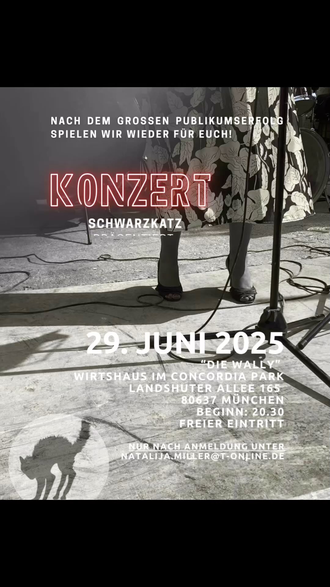 Seid dabei am Sonntag, den 29. Juni und verbringt einen schönen Abend mit SchwarzKatz im gemütlichen Wirtshaus im Concordia Park „Die Wally“. Beginn 20.30, Einlass 20.00. Freier Eintritt nach Anmeldung unter Natalija.miller@t-online.de 🐈⬛