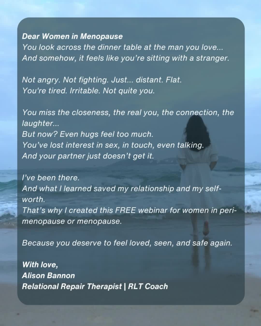 You sit across from your partner at dinner…
and it feels like you’re sitting with a stranger.
You’re not angry. Not even arguing. Just… distant. Disconnected. Flat.
You don’t feel like you anymore.
The intimacy is gone. Even hugs feel like too much.
You’re tired. Irritable. Overwhelmed.
And your partner doesn’t understand what’s happening to you or to your relationship.
It’s lonely. And silently painful.
I’ve been there. And I found a way forward, one that saved my relationship and helped me feel like me again.
That’s why I created this FREE webinar for women in peri-menopause or menopause.
To help you reconnect with yourself, and with the person you love.
💗 You deserve to feel loved, seen, and safe again.
👉 Reserve your free spot now.
linktr.ee/relationship.repair.therapy
#menopause #menopausesupport #relationship #healing