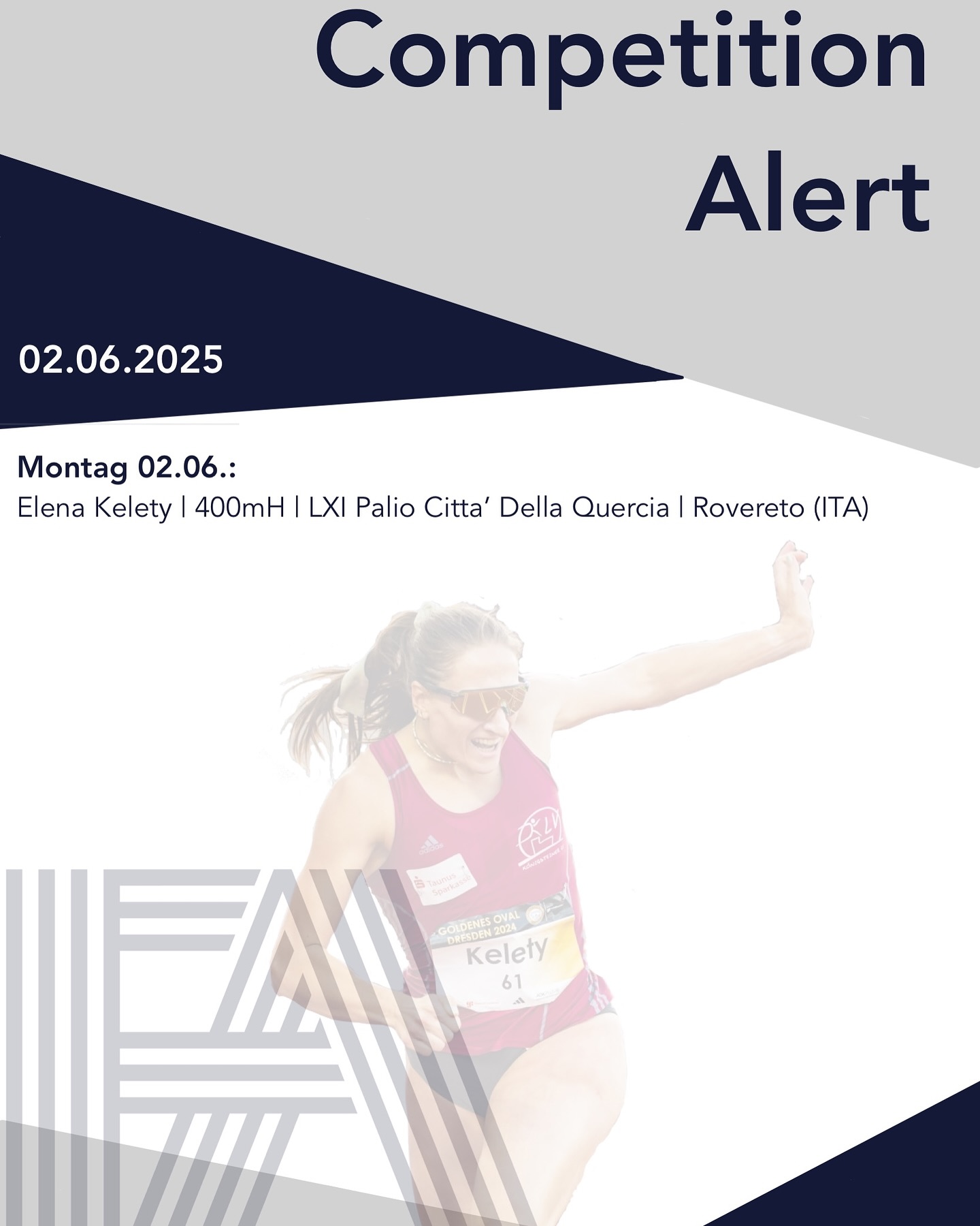 Unser Wettkampf-Wochenende geht in die Verlängerung:
@elena.kelety geht heute in 🇮🇹 beim Silber Meeting in Rovereto über 400m Hürden an den Start 🚧💥.
.
Nachdem unsere Athleten bei den hessischen Meisterschaften viele PBs und Medaillen erreichen konnten wünschen wir auch Elena nochmal viel Erfolg und drücken die Daumen für eine neue PB 🍀⚡️!
.
.
#frankfurtathletics #fa #germanyathletics #faster #higher #further