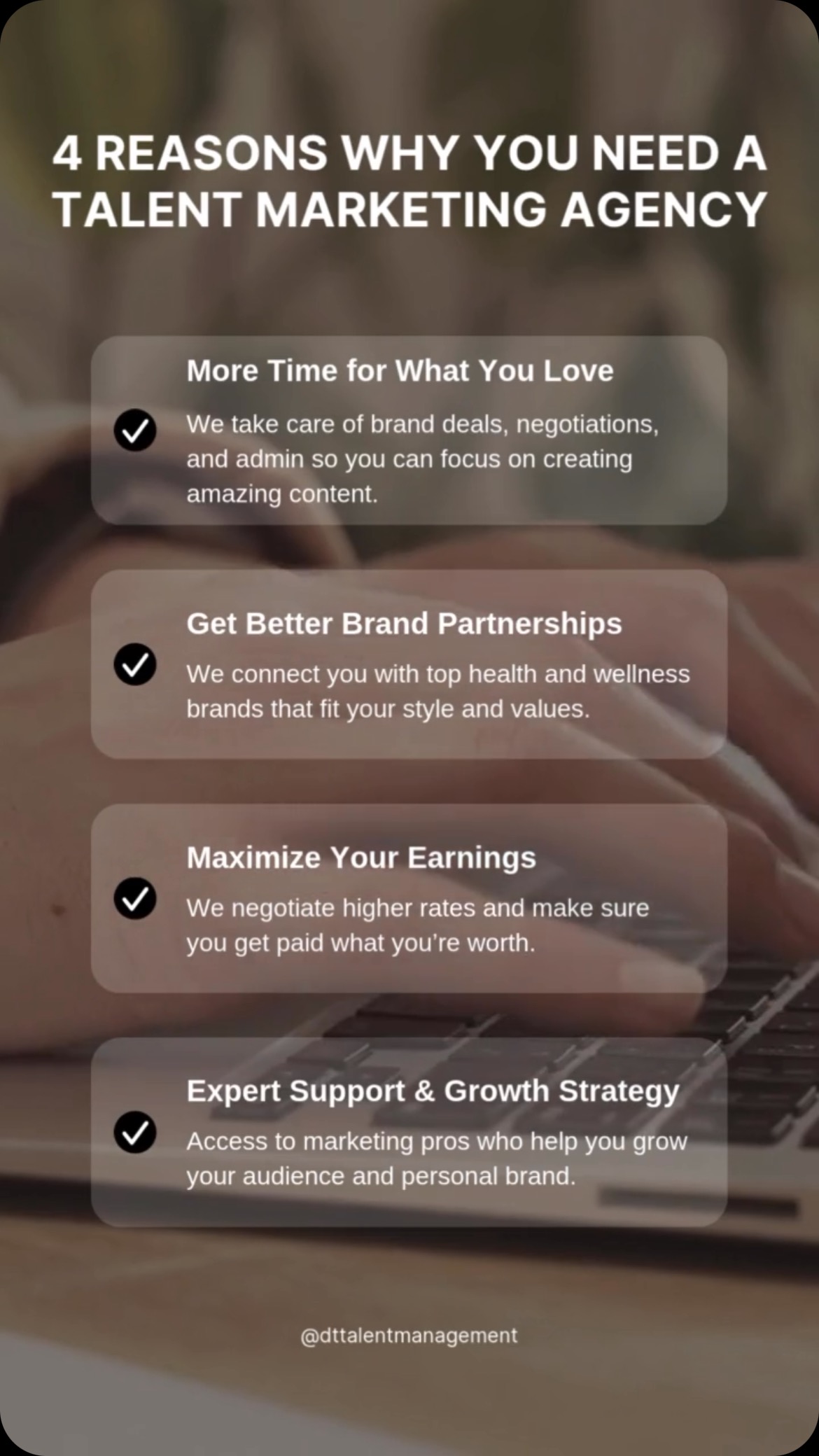 Feeling overwhelmed managing your health & wellness influencer journey?
You don’t have to do it all alone! Here are 4 reasons why teaming up with a talent marketing agency can take your brand to the next level.
Hit that ❤️ and slide into our DMs.
#dttalentmanagement #medicalinfluencers #healthandwellnessbrand #influencermarketing #influenceragency #socialmediamarketing