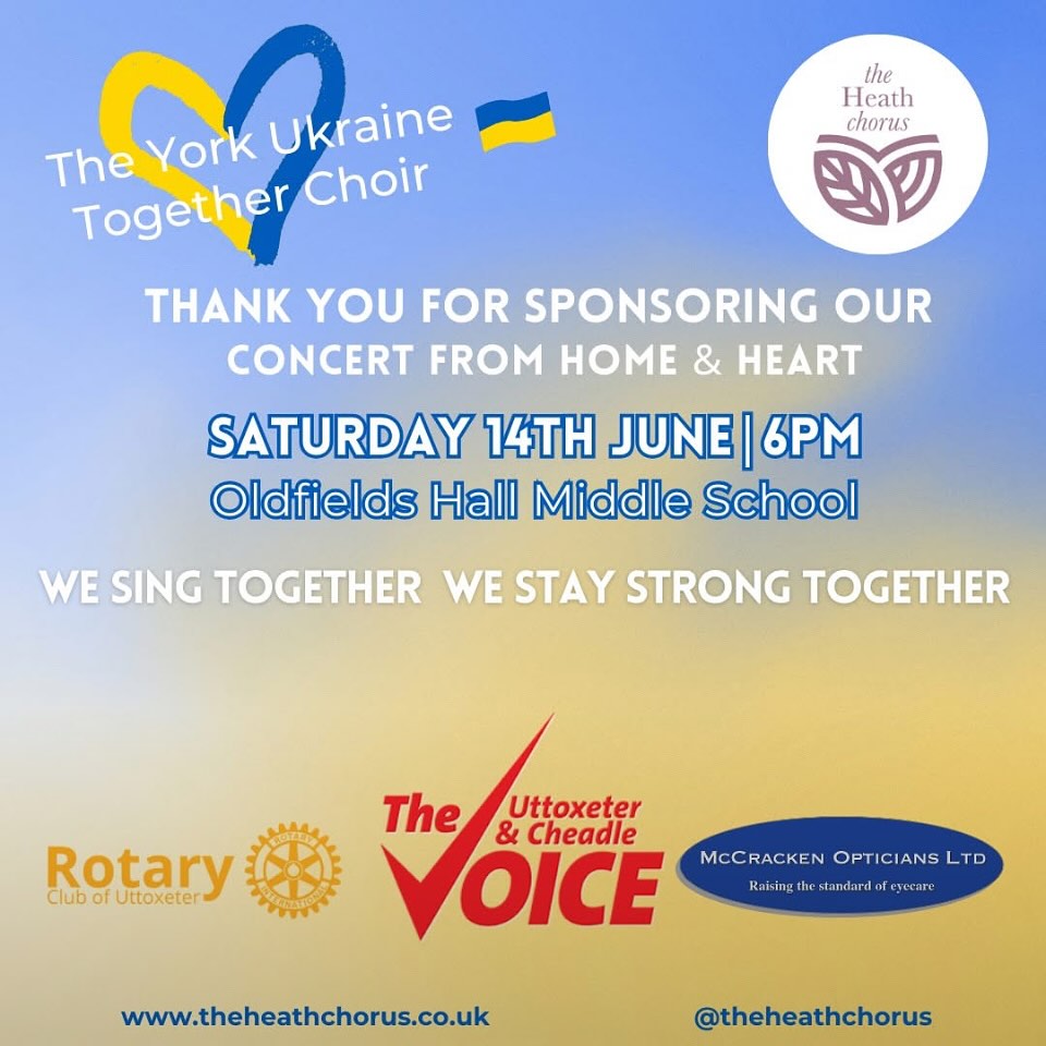 McCracken Opticians are proud to be sponsoring this wonderful event taking place on Saturday. Many businesses in the town are helping to fund this celebration of music and community to help raise money to support the people of Ukraine 🇺🇦
#ukraine
#heathchorus
#uttoxeter