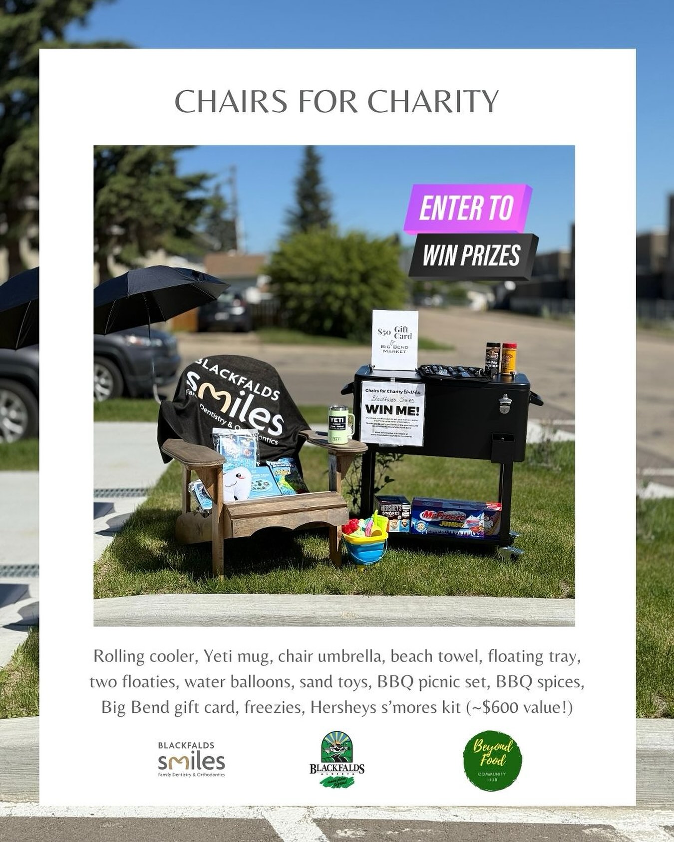 Ready for some fun in the sun? ๐ We've created an epic chair for a good cause! ๐คฉ Our chair is now on display at the office! ๐จ We're donating all proceeds to Beyond Community Food Hub! ๐
Here's the deal:
- Raffle tickets are $5 (cash only) ๐ฐ
- Buy tickets at Blackfalds Smiles during operating hours ๐ฆท
- Last day to buy tickets: June 30th ๐๏ธ
- Must be 18+ to enter ๐
More info & participating businesses: www.blackfalds.ca/p/chairs-for-charity