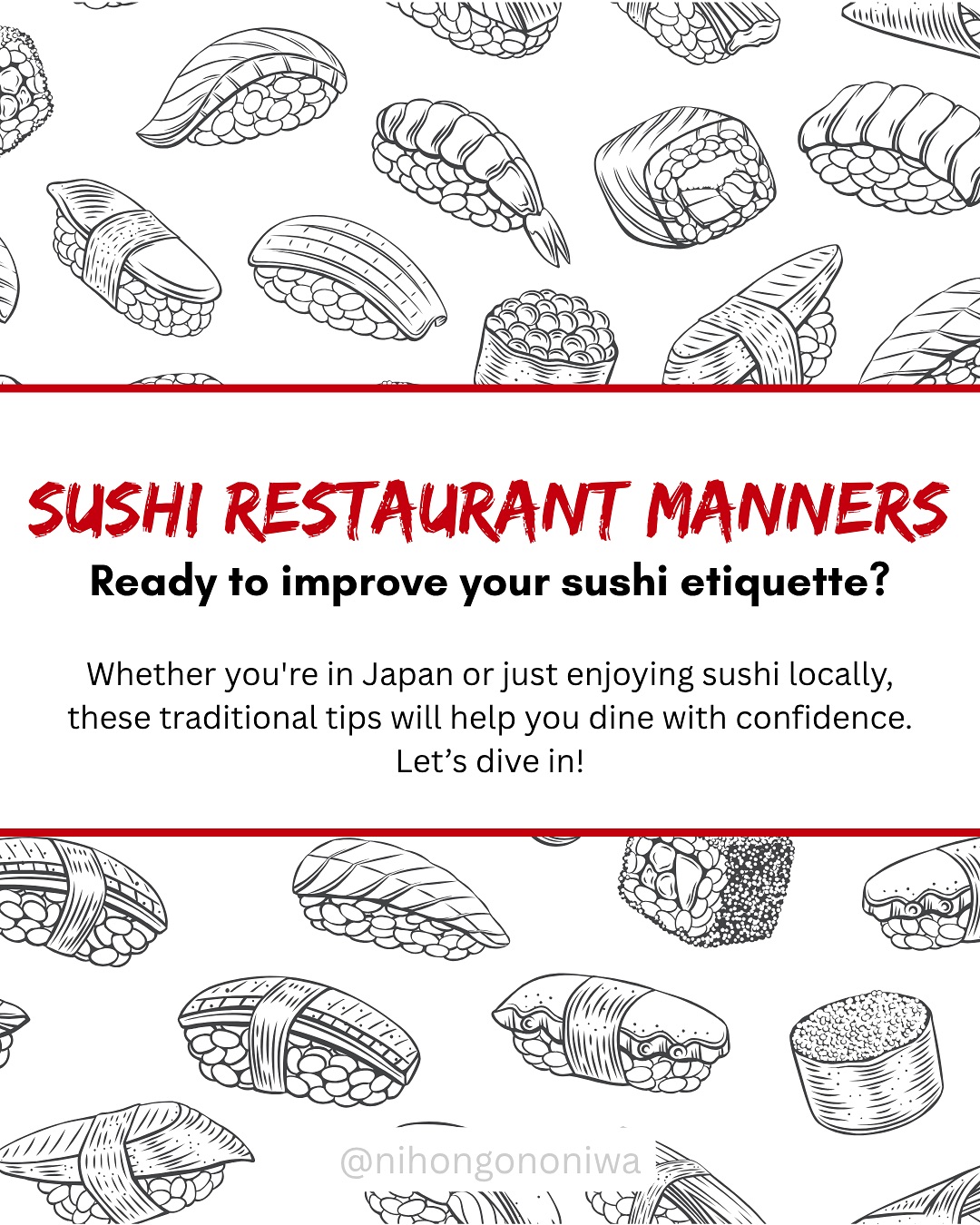 ๐ฃ S u s h i E t i q u e t t e ๐ฃ
Whether youโre dining at the tasty Sushi-Go-Round in Tokyo Station, or tucking into a sushi platter right here in South Africa, practicing proper manners shows respect for Japanese culture and deepens your appreciation of this delicious food.
From how you dip your nigiri (hint: fish-side down!) to what not to do with your soy sauce or ginger, traditional sushi etiquette isnโt so much about formality as it is about enhancing the taste and experience.
โจWhich rule surprised you the most?
โจDo you follow any of these already?
Swipe through to learn 7 essential sushi manners to impress your Japanese friends (and maybe even your sushi chef) at your next meal! ๐ฃ
#SushiEtiquette #JapaneseManners #SushiTips #NihongoNoNiwa #JapaneseCulture #JapaneseDining #LearnJapanese #JapaneseCustoms #JapaneseClasses #JapaneseLanguageSchool #Japan #SouthAfrica
