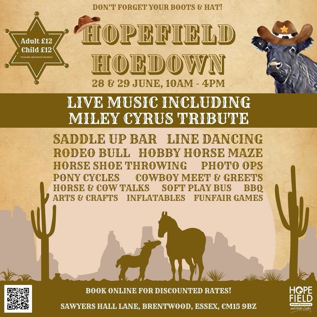 Get ready for a rootin’-tooin’ weekend of country & western fun!
28th & 29th June, 10am - 4pm
Round-up your family for a weekend of Americana entertainment
We’re bringing the spirit of the wild west to Hopefield. Whether you’re a country music fan, a dancing queen, or just looking for a fun day out, y’all won’t want to miss this!
🌵Grab your boots and join in the fun!🌵
🎶Live country & western musicians and singers including Miley Cyrus and Morgan Wallen tribute acts!*
🤠Learn line dancing moves
🐂Mechanical rodeo bull for the adults!
🏰 Inflatables
🎨 Arts & crafts
🧸 Soft play bus for little ones
🐴 Ride the pony cycles like a cowboy/girl
🎂Delicious BBQ
Plus the Saddle Up Bar will be open to serve up tasty refreshments !
Your ticket doesn’t just grant you access to the fun – it also includes general admission to the sanctuary, where you can meet our incredible rescued animals! Yeehaw!
*check the schedule before booking as entertainment varies each day!
Tickets are non-refundable except in the case of cancellation by Hopefield because of extreme weather.
Tickets link in bio.
#culpeppersuk #culpepperclub #linedancing #linedance #proudtobealinedancer