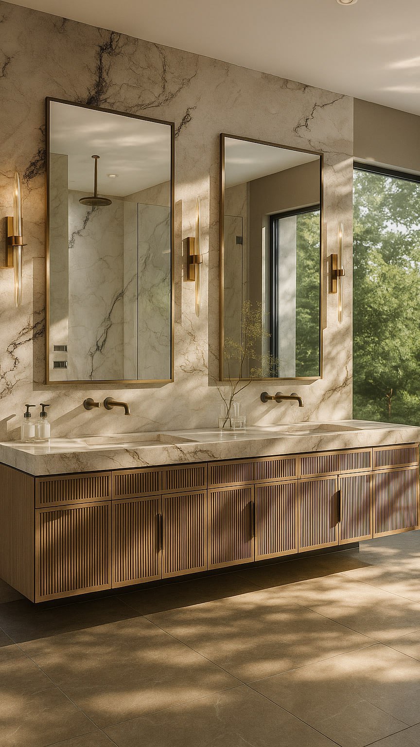Natural light. Seamless stone. Soft textures.
This serene retreat was designed to blur the line between luxury and calm—every detail, from the fluted oak vanities to the marble-wrapped tub, invites you to slow down and soak it all in.
Brushed brass fixtures. Integrated lighting. Timeless tranquility.
Would you start your morning here? 💭🛁
#MasterBathroom #LuxuryInteriors #BathroomDesign #SpaBathroom #FlutedVanity #MarbleBathroom #InteriorInspo #BathroomGoals #AReeseDesign