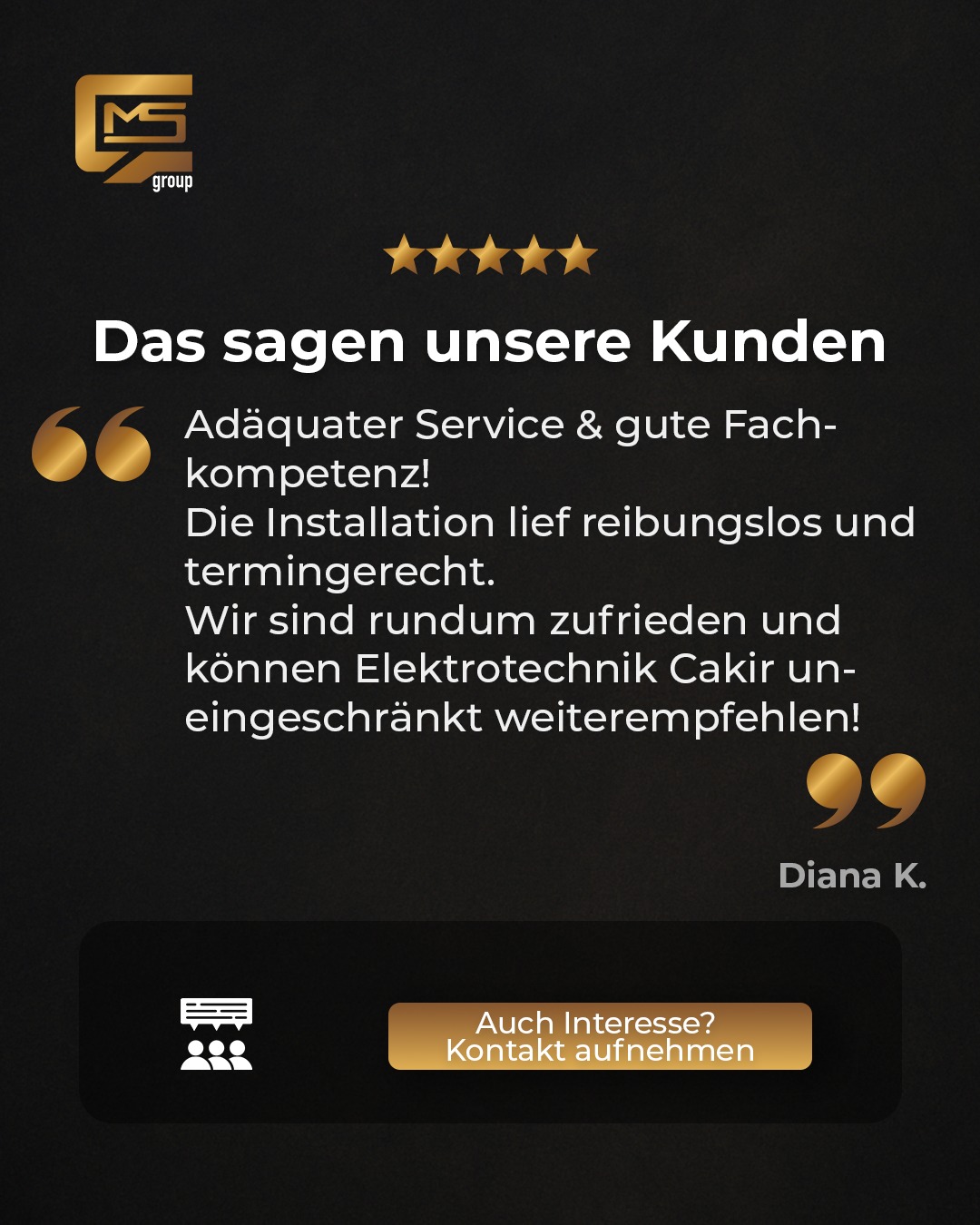 🔧 Erfahrung, die überzeugt!
Diana K. ist begeistert von unserem Service und unserer Fachkompetenz – reibungslose Installation, termingerechte Umsetzung und volle Zufriedenheit!
💬 Ihre Meinung:
„Adäquater Service & gute Fachkompetenz! Die Installation lief reibungslos und termingerecht. Wir sind rundum zufrieden und können Elektrotechnik Cakir uneingeschränkt weiterempfehlen!“
⭐️⭐️⭐️⭐️⭐️
Auch Sie wollen sich beraten lassen?
👉 Jetzt Kontakt aufnehmen!
___
#kundenzufriedenheit #elektrotechnik #bewertung #projektumsetzung #photovoltaik #installation #elektrohandwerk #kundenmeinung #zufriedenekunden #elektrotechnikcakir #bauprojekt #energielösung #fünfsterne