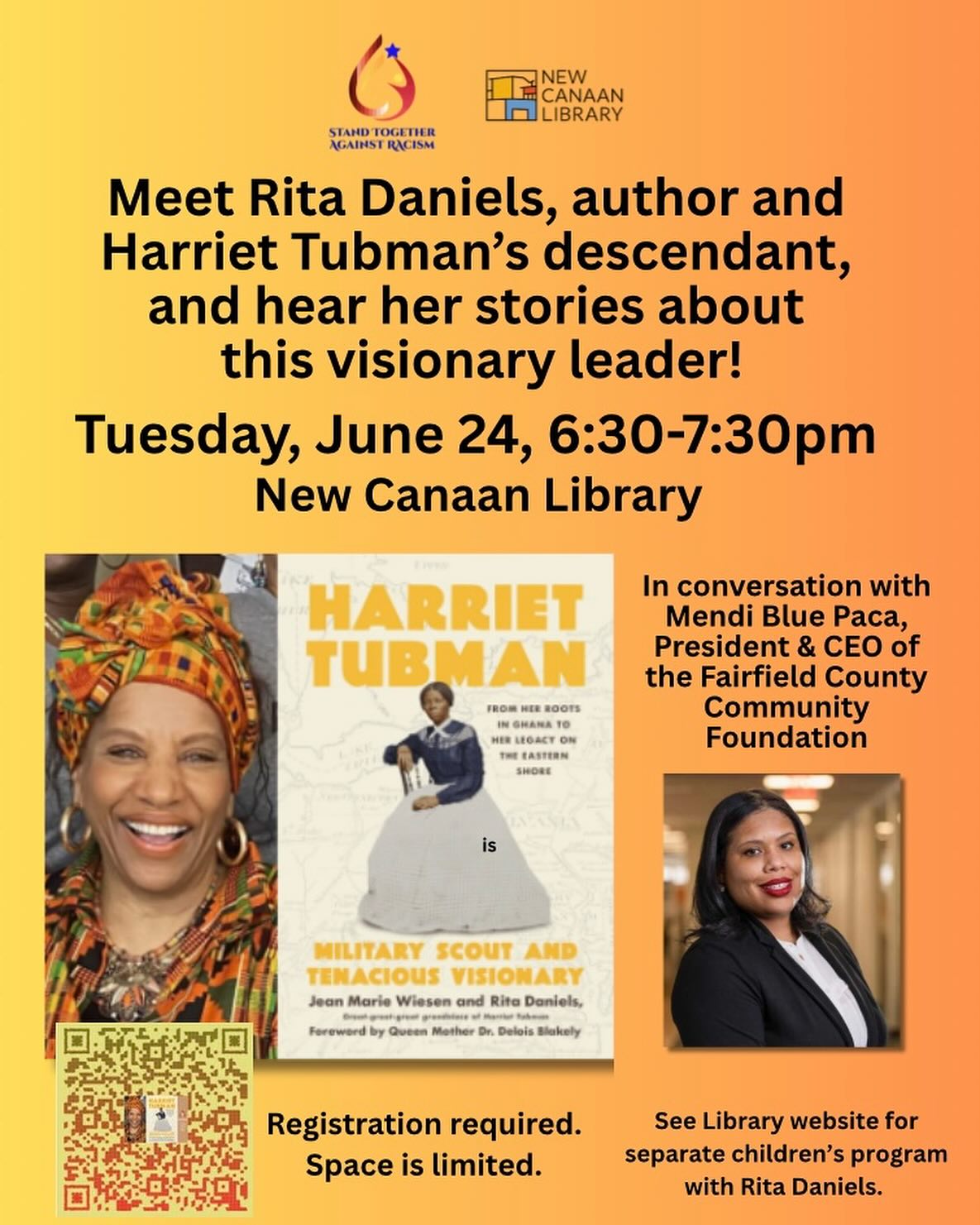 Join us at the New Canaan Library at 6:30pm this Tuesday where Rita Daniels, great-great-great grandniece of Harriet Tubman, will share a fuller picture of this inspiring and illuminating key figure in our history. Daniels will be in conversation with Mendi Blue Paca, President & CEO of the Fairfield County Community Foundation.
There’s also a separate program for children (K-5) at 4-5pm at the library where Daniels will share stories and the kids can do a Juneteenth-themed art project!
Both free events require registration. See links in bio.
See you on Tuesday!
#newcanaan #fairfieldcountyct #harriettubman #authortalk