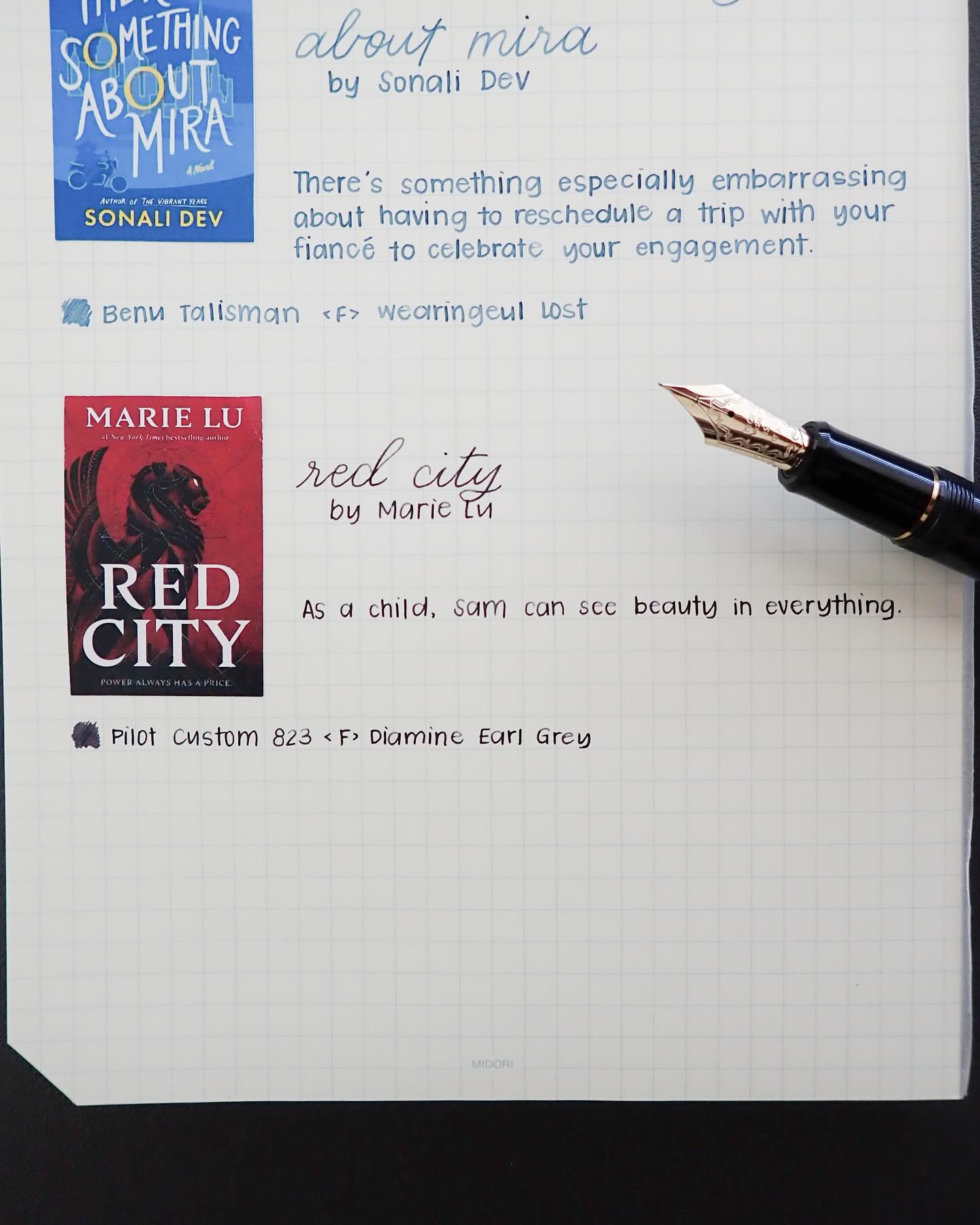Day 30 of 30 Days of First Lines: Red City by Marie Lu @marieluthewriter
Note: This first line is from an Advance Reader Copy of the book. Changes may be made prior to publication.
As a child, Sam can see beauty in everything.
I loved Marie Lu’s previous work. So I’m very excited to read Red City! The fact that it’s described as The Godfather meets The Magicians has me very intrigued. Plus, I just love the concept of alchemy and am always up to read novels that have their own spin on it.
And just like that, we’re at day 30! Thank you to everyone that participated in my challenge!🥹 It was so much fun seeing what books everyone chose. I hope to see you all again next year. Next year will be year 5 of hosting this challenge. I’m really looking forward to it!
Supplies:
@pilotpenusa Custom 823 <Fine> with Diamine Earl Grey
@md_designphil MD notepad
#30daysoffirstlines #bookworm #booklove #handwriting #fountainpen #pilotpen #diamineink #marielu #torbooks