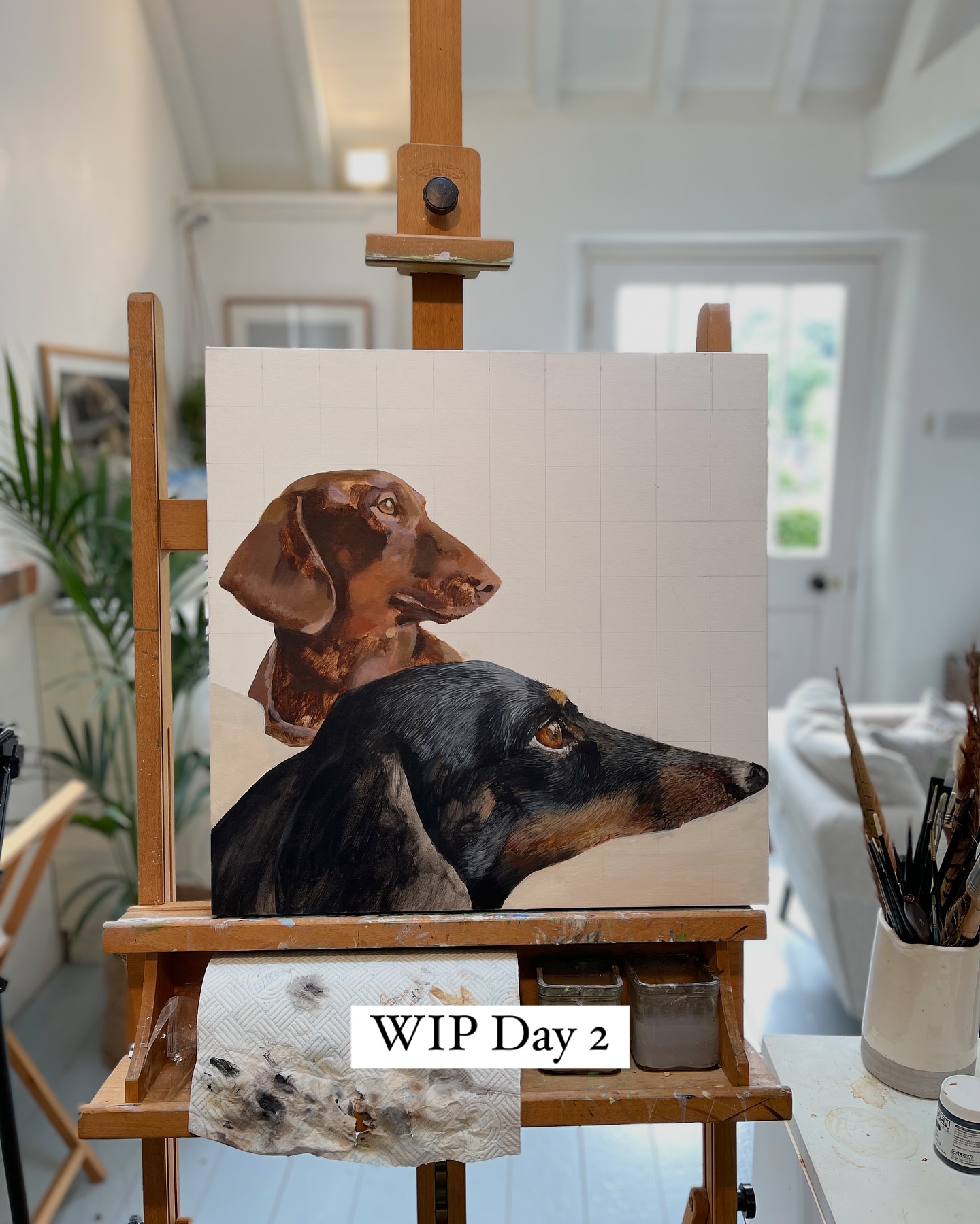 More work on this one today.
If Mollys nose (the dog in the foreground) looks a little out of proportion…. It should (hopefully) end up looking like she’s resting her head on a cushion.