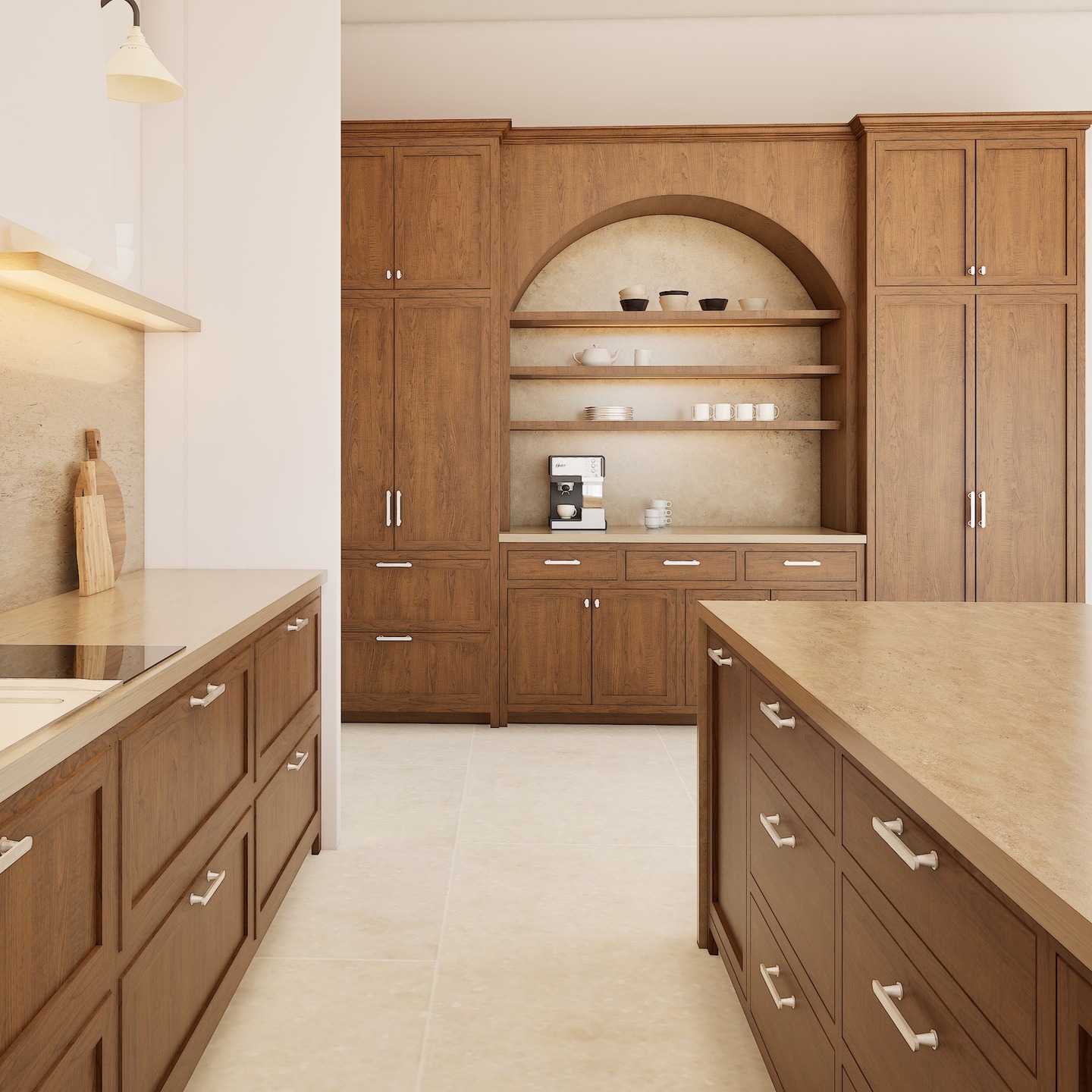 Dark wood is definitely having a moment, and we’re not mad about it! There’s something about those warm walnut tones paired with inset shaker cabinetry that instantly makes a space feel grounded. This bespoke kitchen features a custom coffee station set into an arched alcove, surrounded by tall cabinetry for a beautifully balanced look. Inset doors are one of the most refined options you can go for in a bespoke kitchen; they sit flush with the frame for a clean, tailored finish that speaks of quality craftsmanship.
.
.
.
#darkwood #walnutcabinets #stainedoakkitchen #stainedoak #insetkitchen #inframekitchen #inframejoinery #bespokekitchen #bespokekitchendesign #dubaikitchens #dubaiinteriors #kitchendesigner