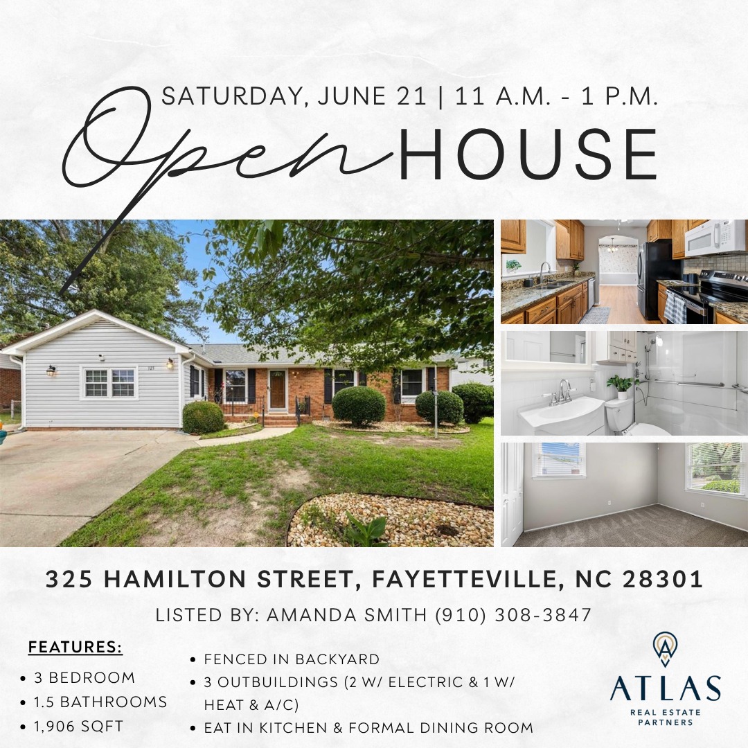 🏡 Open House – Saturday, June 21st | 11 AM – 1 PM
📍 325 Hamilton Street, Fayetteville, NC 28301
Step into charm, comfort, and functionality at 325 Hamilton Street! This 3 bed / 1.5 bath home is full of thoughtful updates and inviting spaces you’ll love:
✨ Cozy den with new LVP flooring
🎨 Fresh paint throughout + brand-new carpet in all bedrooms
🍽 Eat-in kitchen with granite countertops & pass-through window
🌞 Bonus sunroom/sitting area/playroom
🧺 Enclosed garage with mini-split & laundry hookups – perfect for a home office/gym/project space
🔨 3 outbuildings – including 2 powered sheds & one with Heat/A/C!
🌿 Enjoy summer BBQs on your wood deck in the fully fenced backyard.
This home has it all—style, space, and versatility. Don’t miss your chance to tour it in person!
📅 Mark your calendar & come see it Saturday!
Listed by: Amanda Smith, (910) 308-3847
Atlas Real Estate Partners, (910) 779-0076
#FayettevilleNCRealEstate #OpenHouseAlert #HomeSweetHome #HomewithAtlas #28301