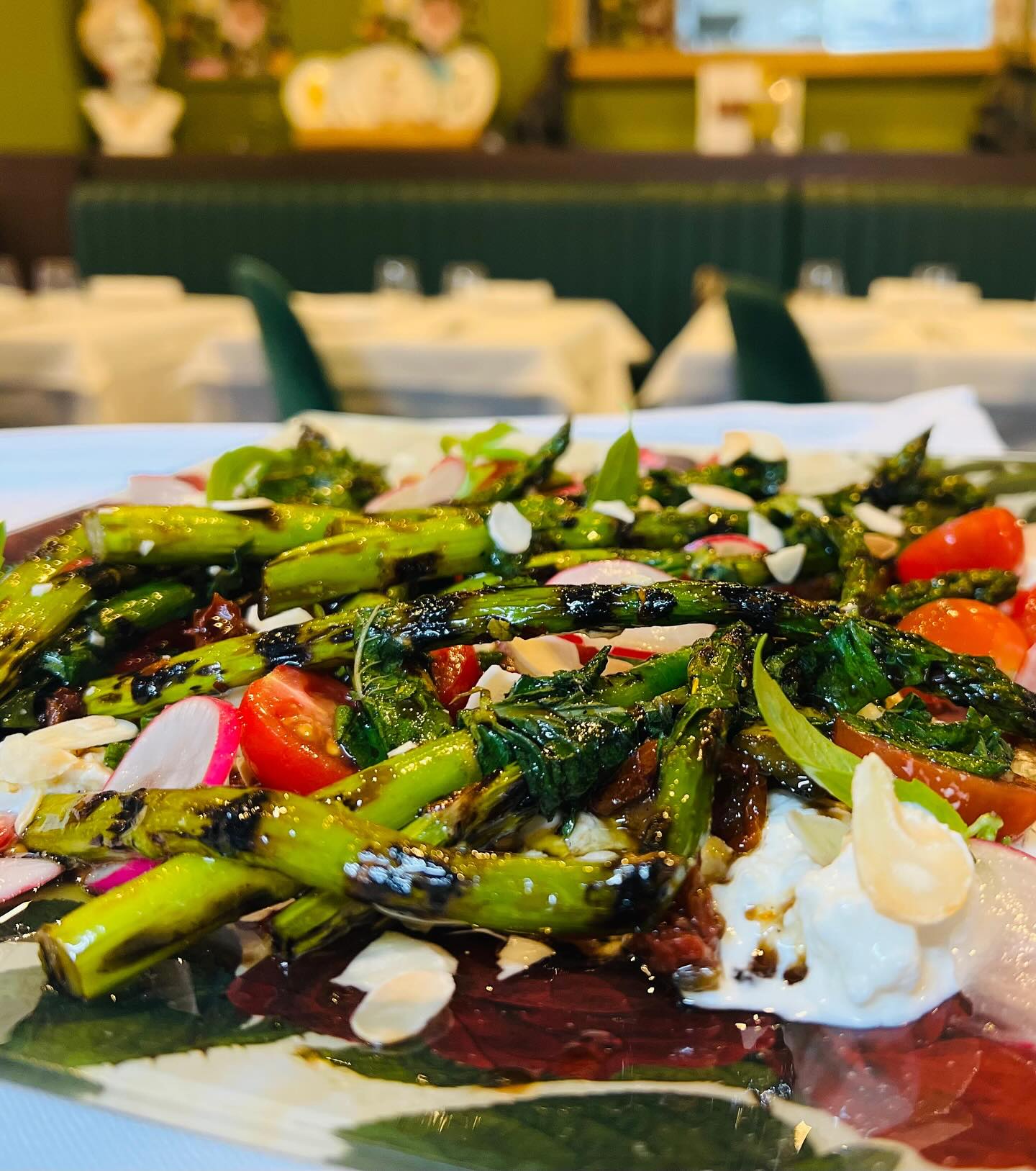 Who is enjoying our special starter of Marinated Asparagus with burrata cheese? #fresh #summer #follow #northlondon #northlondonrestaurants #mysecretlondon #toplondonrestaurant #bestitalianrestaurant #eatoutlondon #family #smallbusiness #supportlocalbusiness #michellin #londonguide #londonfoodguide #londonhiddengem #finest #partylondon #hellonorthlondon #bbcfood #italianfood #love ♥️🍾🥂