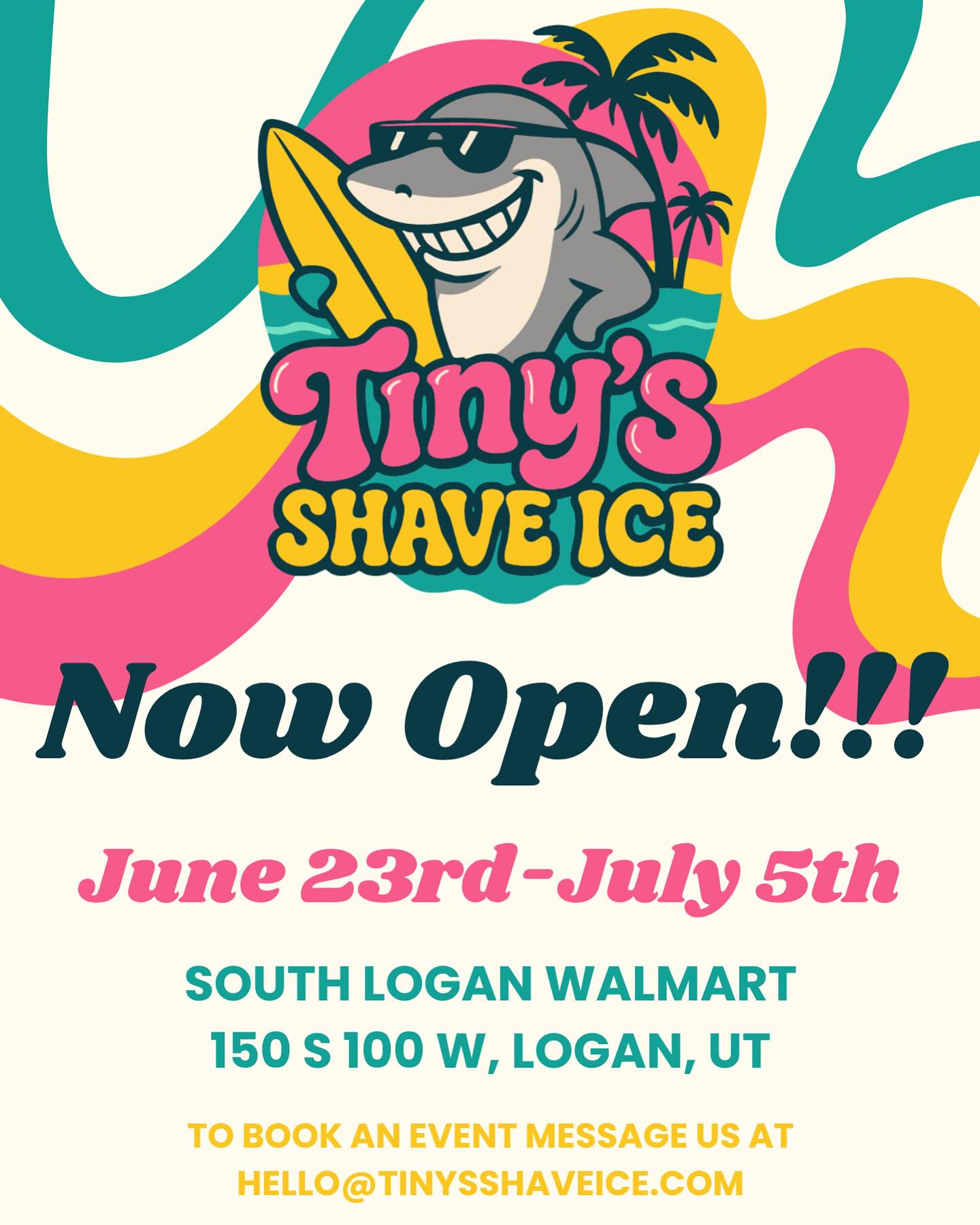 🚨 IT’S OFFICIAL — WE’RE OPEN! 🎉🍧
Tiny’s Shave Ice is chillin’ at South Logan Walmart from June 23–July 5 and we’re serving up the coolest treats around! ☀️🦈
Swing by for your favorite flavors, bring the whole crew, and let the brain freezes begin!
📍150 S 100 W, Logan, UT
🗓️ June 23 – July 5
📧 Want to book us for your next party or fundraiser? Message us at hello@tinysshaveice.com!
#TinysShaveIce #NowOpen #LoganUT #ShaveIceSeason #BrainFreezeVibes #SharkSnacks #SummerInLogan #TinyIsHere