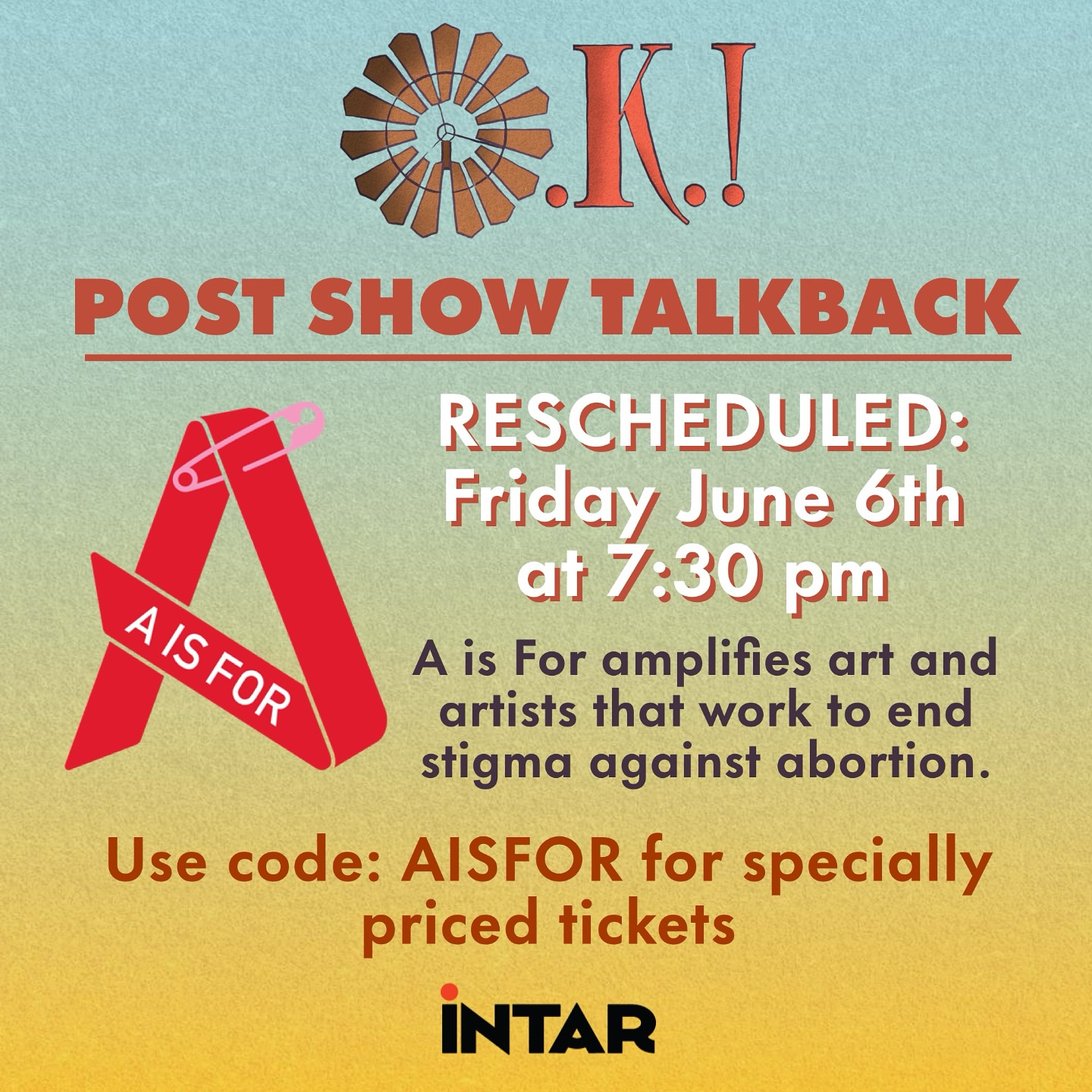 Due to the cancellation of Thursday night’s performance, our post-show talkback has been rescheduled! Join us on Friday June 6th after the show for a conversation with @aisfororg !