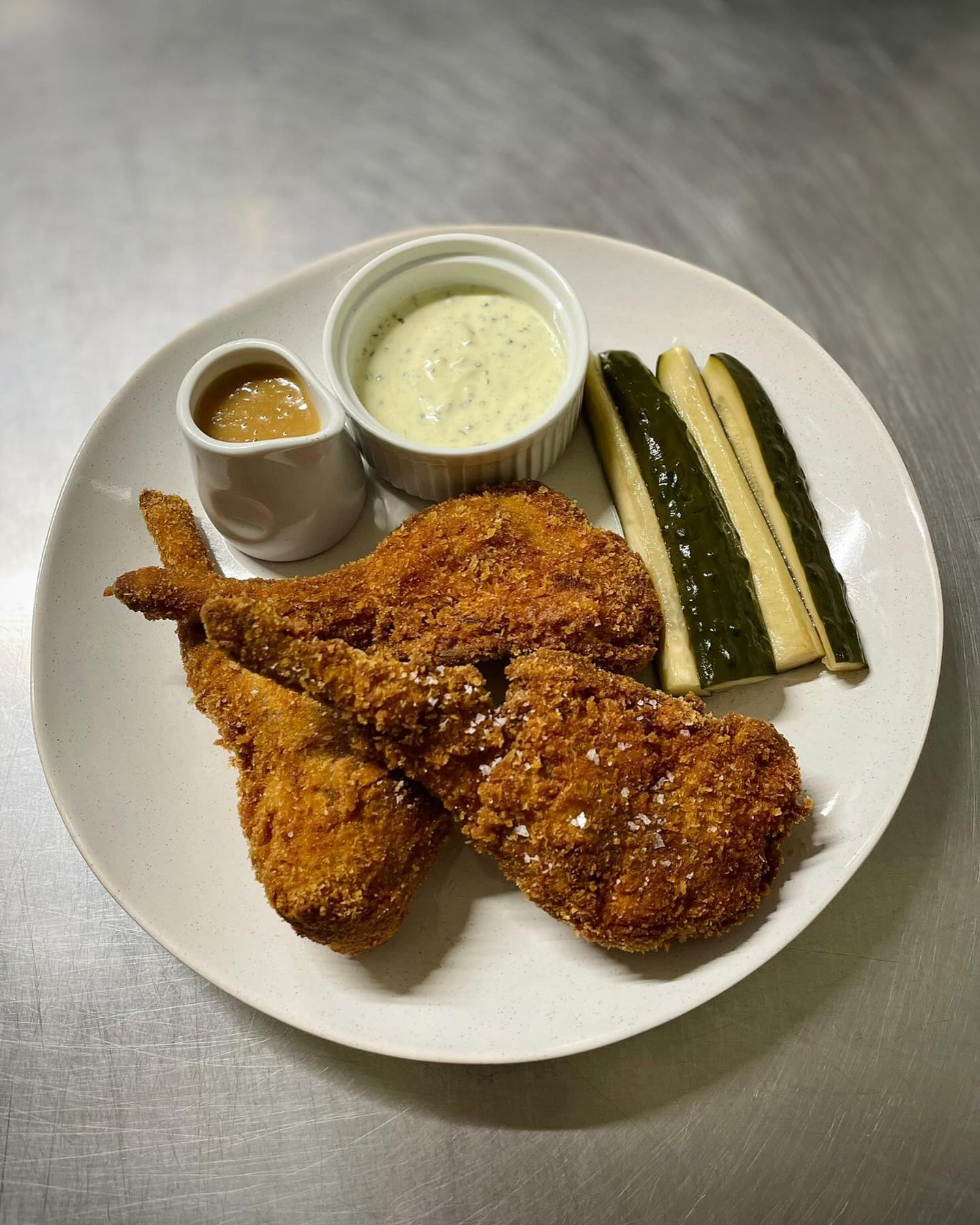 KFC rabbit shoulders, gravy, ranch, verjus pickles