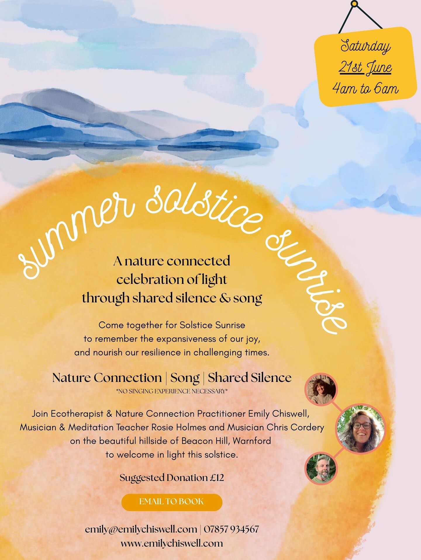 summer solstice sunrise
the second of this years ‘gather xtras’
an homage if you will, to our solstices & equinoxes
and now that we’re in june, this next one is a comin’
the peak of our solar year
our longest day of light
and we’re gathering up on a hampshire hillside
to honour & celebrate exactly that
in amongst the turmoil of these challenging times
a moment to come together
at the very crack of dawn
to pause, to slow down
and welcome in the light
moments of shared stillness
moments of shared song
and EVERY voice is welcome
no need to feel you have to be ‘a singer’
simply a want or need to connect
big or small
to light
to joy
with each other
and nature in all of its many forms
a want to remember our expansiveness
and we’d love for you to join us
us this time being
meditation teacher & musician rosie holmes
and musician chris codery
bringing their skills, songs & music
and myself
weaving in some nature connection invitations, obvs
saturday 21st june
4am to 6.30am (yes, i hear you, THAT early)
beacon hill, above warnford
and since there’s no hire fee on this one
our suggested exchange is £12
to book or for more details
head to website via link in bio
or drop me a DM for any more info
come one, come all
here’s to sharing & celebrating solstice
in amongst each other
☀️
#nature #natureconnection #ecotherapy #ecopsychology #summersolstice #summersolsticesunrise #hampshire