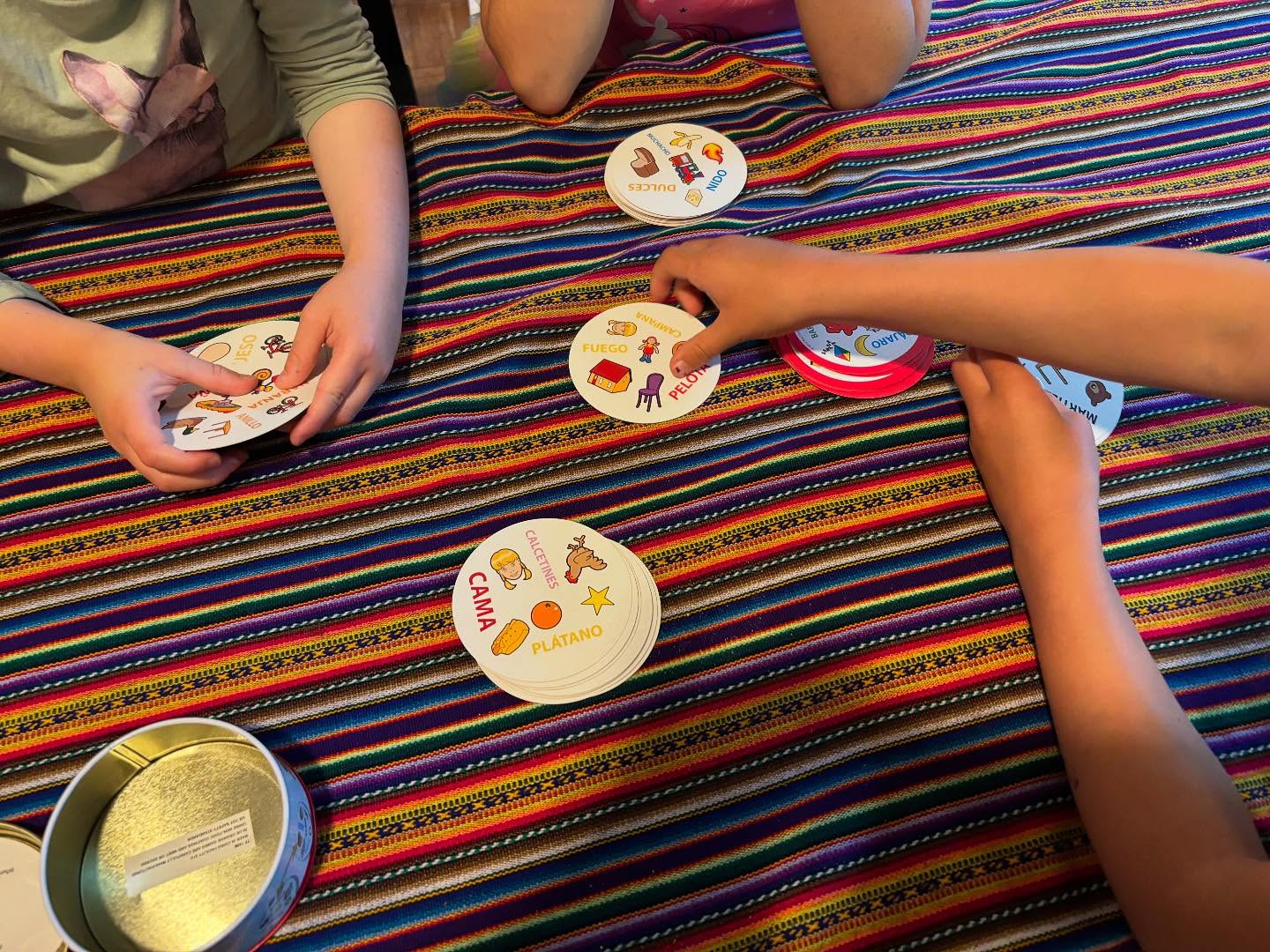 Spot it en español! This is such a great game for vocab building and beginning literacy! Words can match words or pictures and pictures can match pictures! Shout out what you found! Pájaro! Etc…Gracias@Maren!!