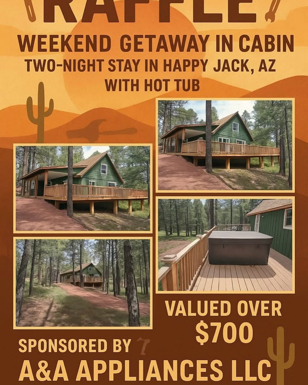 A&A Appliance and the Alihonzic family have donated a weekend at their beautiful home in Happy Jack as one of the raffles prizes for the Alexis Ruiz Fundraiser! Each ticket is $10
Drawing will be held at the Alexis Ruiz Fundraising tournament on June 14, 2025. This and all other raffle prizes (separate ticket purchases) will be awarded just before the tournament award ceremony. No need to be present to win!
Link to Happy Jack Cabin Raffle https://form.jotform.com/251594780130052
Link to Alexis Ruiz Tournament and Fundraiser https://form.jotform.com/251385135571053