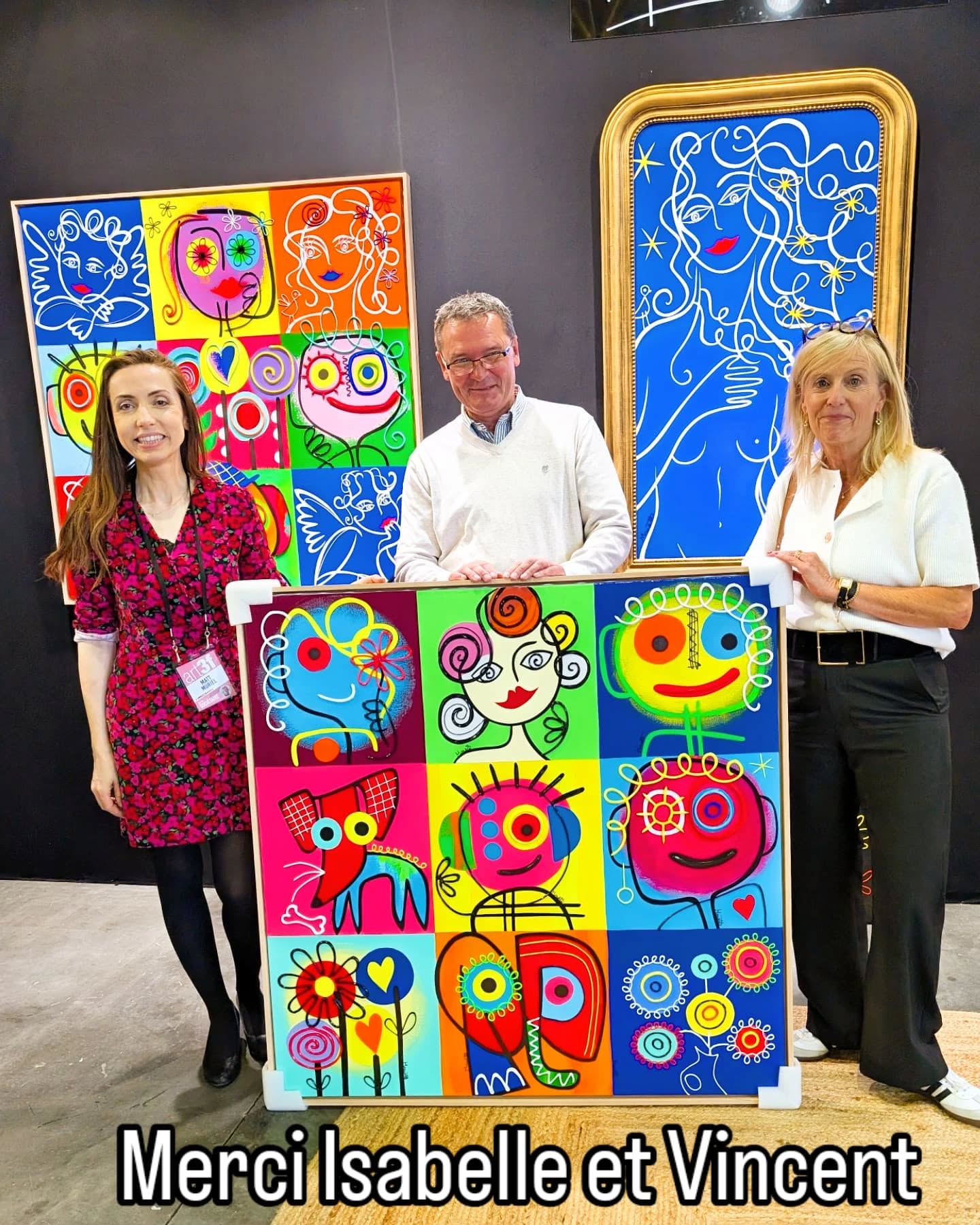 Isabelle et Vincent, des fidèles si patients....commande personnalisée passée à Bruxelles en novembre et livrée en mai Courtrai 😁
Cette toile est à leur image, pleine de tendresse et de fantaisie 🙏🙏🙏
9=1 dimension 110x110