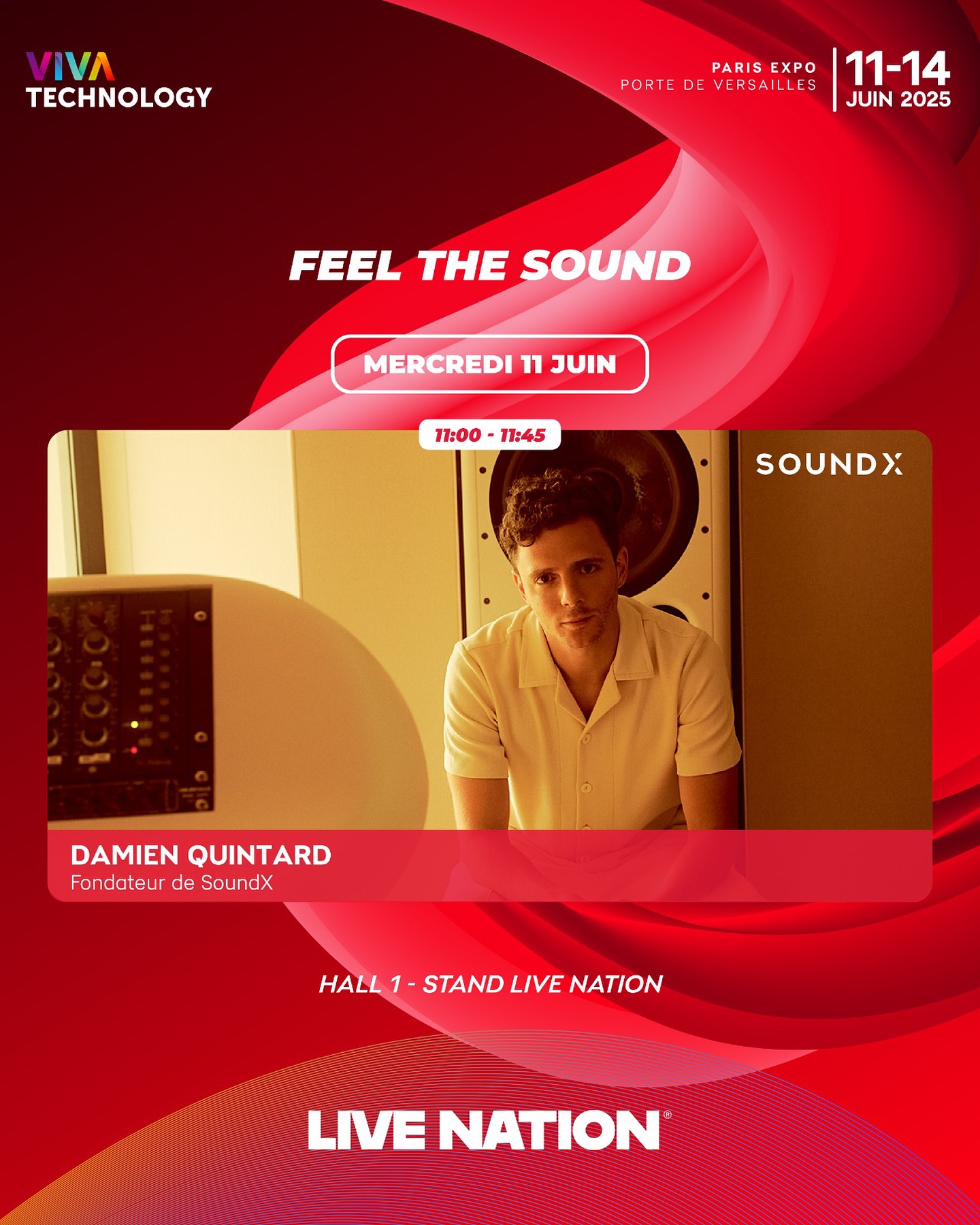 Damien Quintard, founder of SoundX, will be at the @livenationfr booth (Hall 1) at @vivatech on Wednesday, June 11th from 11:00 AM to 11:45 AM.
He will be presenting our technology that converts sound frequencies into real-time physical vibrations, allowing deaf and hard-of-hearing individuals to experience music in a new way.
An inclusive innovation designed for festivals, concerts, and so much more. 🌍
#SoundX #VivaTech2025 #FeelTheSound #LiveNation #TechAndSound #SoundInnovation