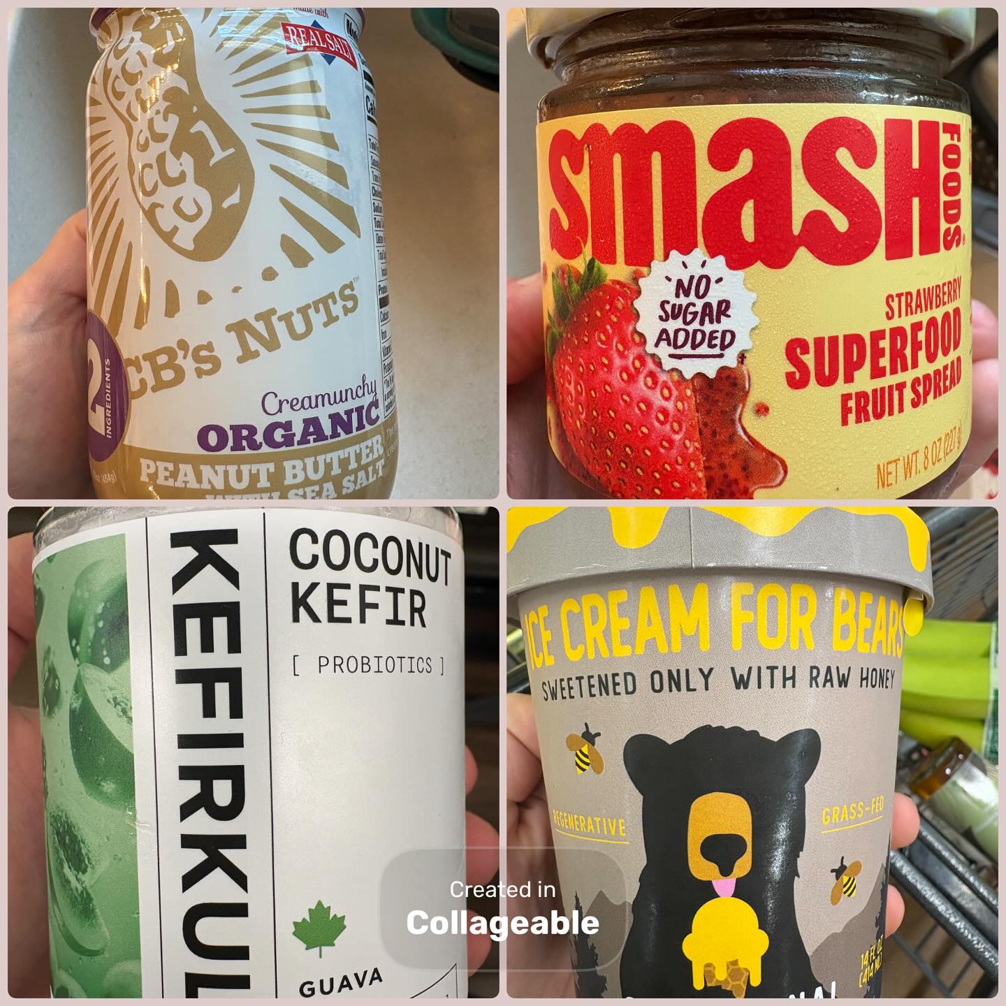 Some items you’ll find in my fridge/pantry!
The best part is that the peanut butter doesn’t require refrigeration, which most healthy peanut butters do, resulting in hard peanut butter and having to wait for it to soften a bit before using.
Chia smash is my new favorite spread for my guilty pleasure (toasted peanut butter and jelly)
Coconut kefir has been hard to come by until now! Fresh Thyme in Davenport has this now, so if you’re focusing on dairy free and want a good boost of probiotics, check out Kefirkult!
And finally, the one I’m most excited about…….Ice Cream For Bears! Regenerative, grass fed, and sweetened with ONLY raw honey. Only recently learned about it, so I haven’t tried it yet, but this is also at Fresh Thyme in Davenport!