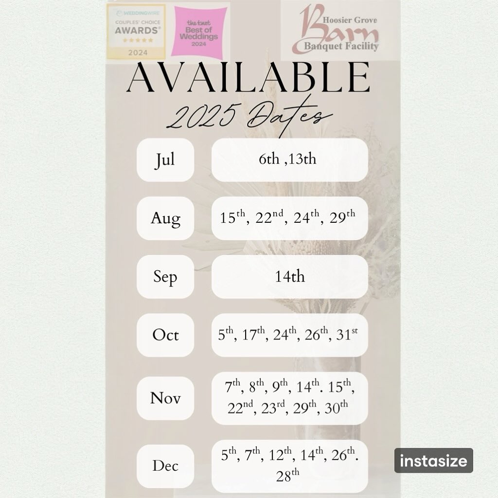 ✨ Say “Yes!” to your dream day at Hoosier Grove Barn in 2025! 💍🌾
Our most-loved rustic barn venue still has select dates available — but they won’t last long! 📅
Message us today to schedule a tour and lock in your perfect wedding weekend! 💐 #HoosierGroveBarn #2025Weddings #RusticRomance #BarnWeddingMagic #BookYourDate