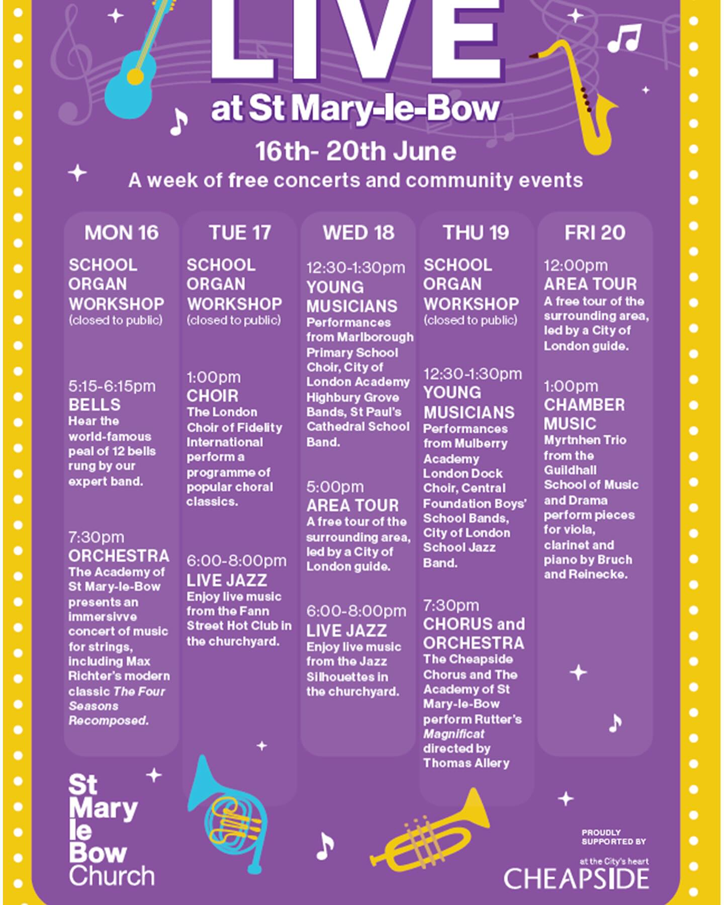 Free music ALL week? It can only mean one thing - it’s time for LIVE at St Mary-le-Bow. Catch us there next Monday evening for our annual contribution to the festival and join us for drinks in the churchyard afterwards! 🎻🥳🎵