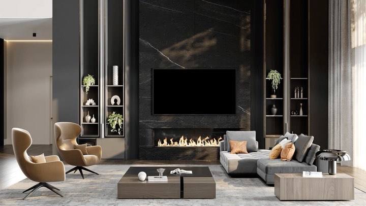 This space is everything—bold, cozy, and breathtakingly elegant. The sleek black marble fireplace becomes the heart of the room, bringing warmth to the soaring ceilings and expansive windows. 🖤🔥
Velvet modular sofas in soft grays, layered neutral tones, and gold-accented armchairs invite you to sink in and stay awhile. ☁️🛋 Golden glass sculptures dance overhead, catching the sunlight that pours through sheer motorized drapes, perfectly blending nature with high design. 🌿☀️
This is what modern comfort looks like. #InteriorInspo #ModernLuxury #FireplaceGoals #LivingRoomDesign #HighCeilingStyle #CozyYetChic #InteriorDreams