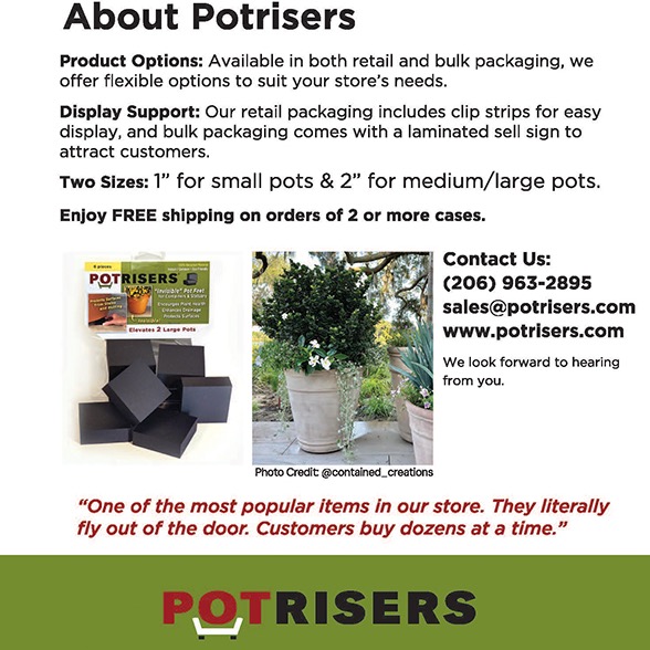 Attention Garden Centres & Commercial Landscapers!
Looking for a reliable, professional-grade solution for container gardening? Potrisers offer the perfect lift — improving drainage, protecting hardscapes, and promoting healthier plants.
• Available with bulk pricing
• FREE shipping on 2+ cases
• Ideal for retail & large-scale landscape projects
• Display options
Stock up today and give your containers the strong, subtle support they deserve. Contact us or visit potrisers.com to order.
#Potrisers #CommercialLandscaping #GardenCenters #WholesaleGardening #LandscapeDesign #ContainerGardenin
