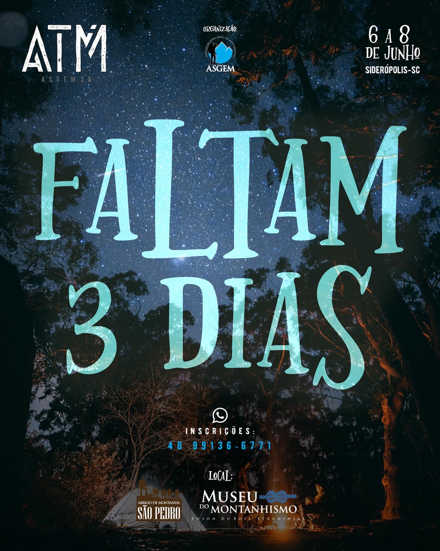 🚨 FALTAM SÓ 3 DIAS! 🚨
A contagem regressiva ACELEROU e o ATM já está chegando!✨
🔥 Chama o grupo, prepara a mochila e dá aquela olhada nos equipamentos…
✅ Associados em dia: inscrição GRATUITA!
Confirme sua presença com a Secretaria, o link está na Bio.
❌ Ainda não regularizou? CORRE que dá tempo!
👉 Link para se associar ou renovar está na Bio.
📌 Não esqueça:
• Camping: R$50 (PIX: 02132090980 | Ref: Jose Carlos Jr)
• Jantar de sábado: Confirme com a Secretária, o link está na Bio.
🍃 Promessa: fogueira, histórias, música e MUITA conexão!
Isso aqui vai ser ÉPICO, pessoal!
👉 Vem viver o clima que só o ATM cria!
#Faltam3Dias pra revolução na montanha!🔥
#ATM2025 #asgem #Montanhismo #Escalada #FeiraDeEquipamentos #ASGEM #Aventura #trilha #trekking #camping