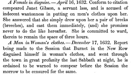 I've been deep in transcripts of the Perth Court Session books, reading all I can about the 1632 witch trials in Perth.
I did, however, have to give a wry smile at these two excerpts extracted side-by-side by a Victorian antiquarian - the shock of a woman wearing trousers momentarily compared with the profanity of a man wearing woman's clothes and roaming through the town on a sabbath night.
Grit your teeth when you notice the woman was immediately given 3 hours in the tollbooth (along with whatever 'tools' were available, whilst the man was told to come back tomorrow 🙃
Society was just as complex and varied 'back in the day', with some group or other trying to squash the broiling mass into their own image of perfection.
#history #scotland