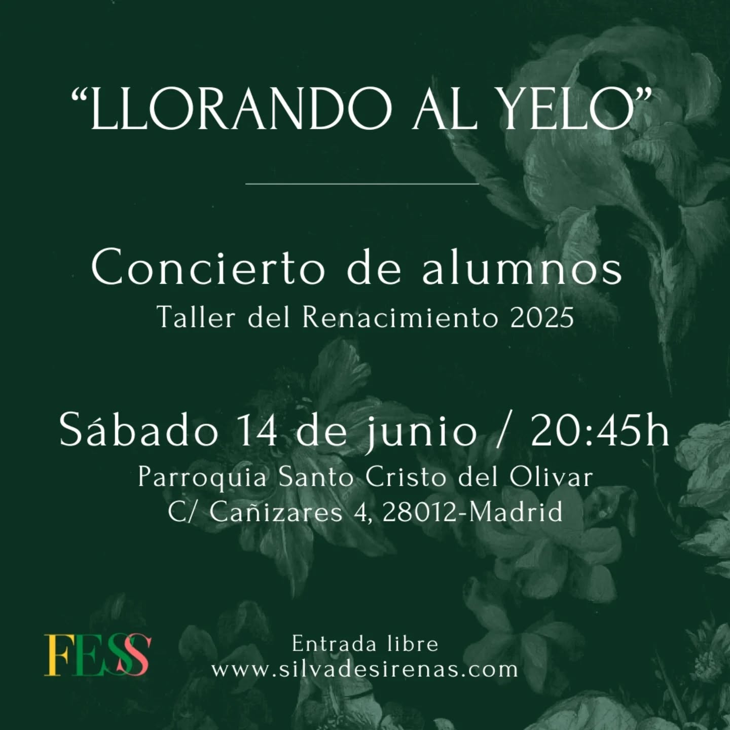 Esta tarde no os perdáis el concierto de alumnos del Taller del Renacimiento de este curso 2025.
A las 20,45h en la Parroquia Santo Cristo del Olivar
Entrada libre
Estáis todos invitados 🙂
🎶🎶🎶
#SilvaDeSirenas #UnEspacioParaElArte #MúsicaAntigua #FESSMadrid