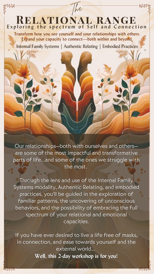 ❤️ Relational Range is back.
A 2-day workshop experience where we explore how we show up in connection—with others and with ourselves.
Across the weekend, a gentle guidance through a mix of Internal Family Systems (IFS), relational practices, and embodied exercises. You’ll get to meet the different parts of you that show up in relating—those who want closeness, those who pull back, those who take charge or stay quiet.
We’ll slow things down enough to notice what identities we default to (like the responsible one, the pleaser, the one who keeps the peace) and start to loosen their grip—giving you more choice and range in how you relate.
You’ll learn to track your nervous system, work with emotional triggers, and stay more connected (and kind) with yourself as you navigate connection with others.
It’s practical, experiential, and no one’s here to fix you. Just space to get to know yourself better and practice new ways of being—with structure, support, and enough breathing room to go at your own pace.
There are still moments from the last two editions of The Relational Range that float through my mind.
The quiet tenderness between two humans.
The laughter that cracked something open.
The way someone’s whole body softened as they spoke a truth they'd been carrying alone for a long time.
Those moments of inner revelation that are impossible to "unsee" and that shift everything.
This video is a small echo of those days..
Images, instants, reminding the connection and the relational exploration that are possible in the space (and why not? In life as well).
I’m still grateful for every person who showed up fully—as they were.
And if something in you is curious about the next one…
Reach out or check the link in bio! It's coming up soon 🔜
Same shape, fresh group, new aliveness.
You’re welcome to join.
Bring your heart.
Bring your inner voices.
Next dates: 18th-19th of June
Would love to welcome you in. 😊🌻❤️
Will you join us?!