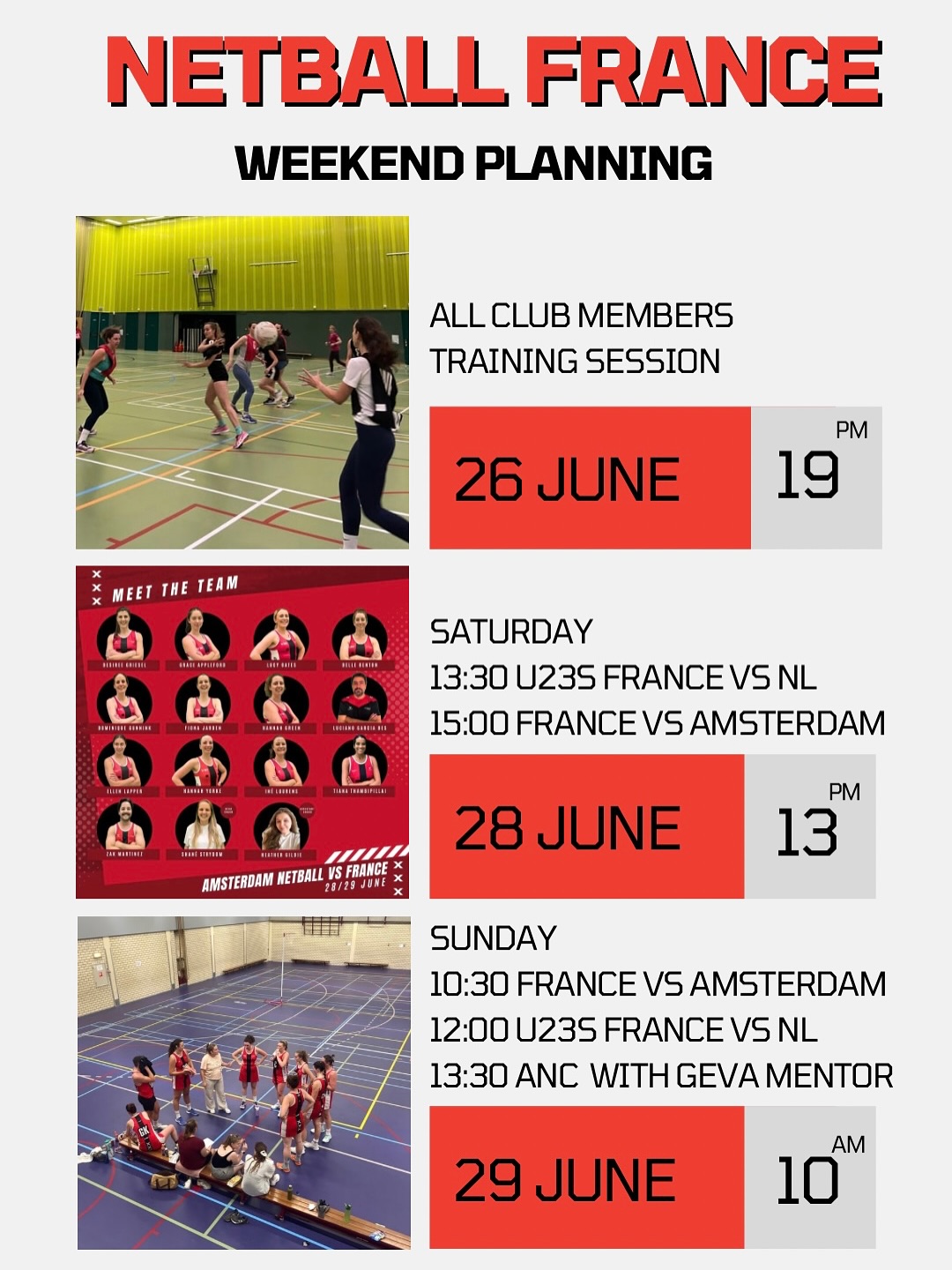 Amsterdam Netball Club proudly hosts an exciting international weekend of netball featuring:
Netball France (Open Team)
Netball France U23s
Netball Netherlands U23s
Amsterdam Netball Club (Open Team)
Whether you’re a seasoned player, new to the game, or just curious, all are welcome to come down and support! More info: https://www.amsterdamnetball.com/netballfrance