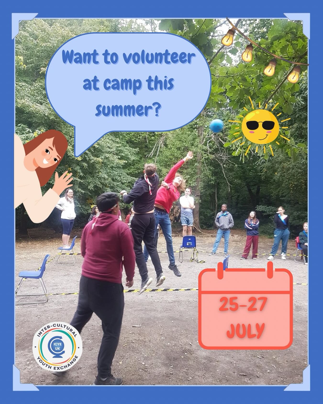 It’s that time of the year again folks! Interested in connecting with new people from all over the world and having a lot of fun? Come down and help out at one of our camps this summer! 🏕️ ☀️
Right now, we are particularly looking for enthusiastic people to join us at our July camp, which will take place from the 25th to the 27th in Brentwood, Essex. 👩🏻🤝👨🏽👨🏼🤝👨🏻👩🏼🤝👩🏻
To find out how you can get involved, drop us a message us on here, or contact us at hosting@icye.org.uk 📱 📧
If this sounds like your cup of tea but you can’t make it in July, don’t worry, we also have another camp coming up from the 20th to 29th of August.
Whether you’d like to join for a few days or the whole camp, don’t hesitate to get in touch! 💙
#Culture #CulturalExchange #Volunteer #Volunteering #InternationalVolunteering #Summer #Camp #ICYEUK #ICYE