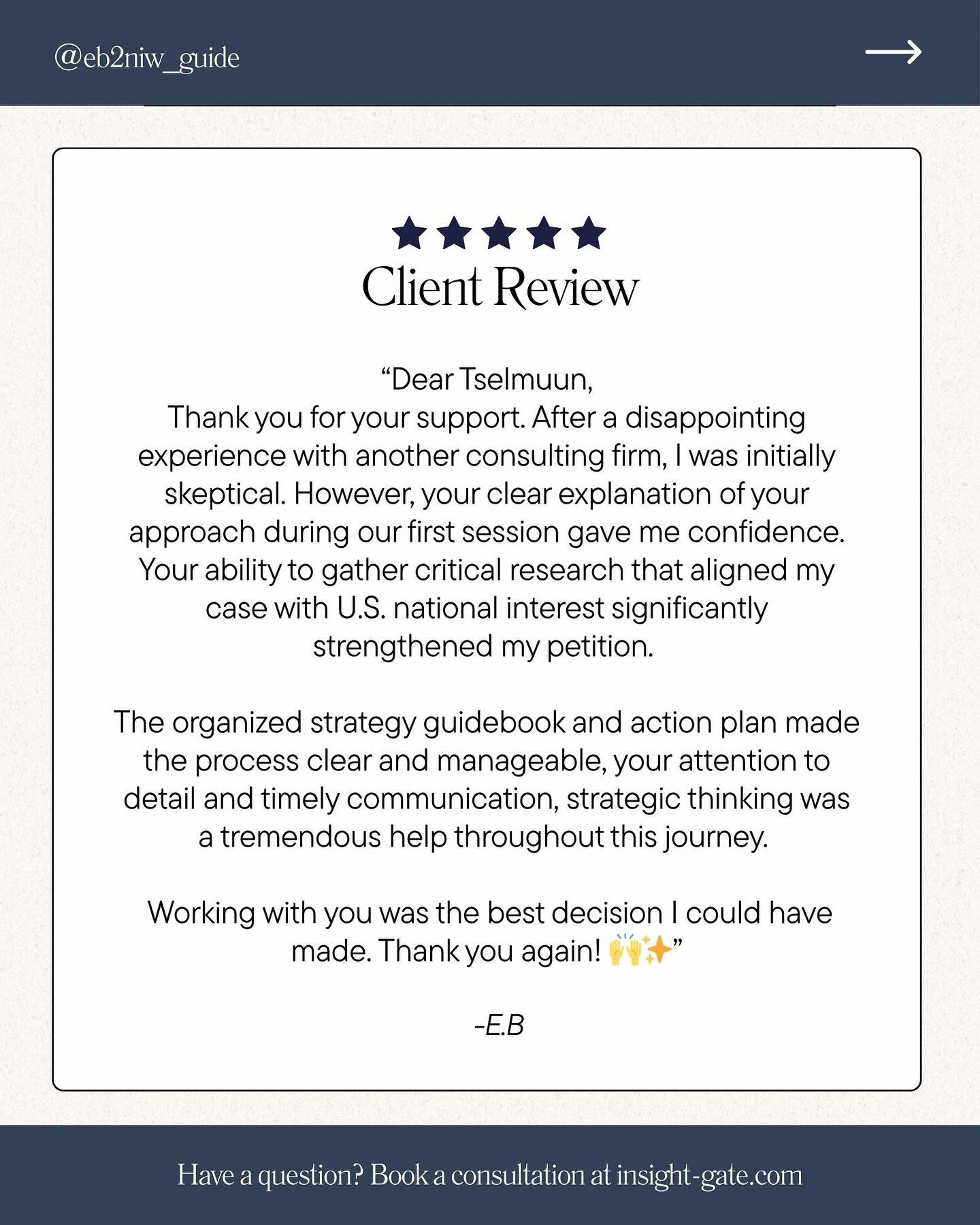 Our clients' success is our greatest reward! We're humbled to be part of their path to achieving their goals. Here's a testimonial from our client.
🌐 www.insight-gate.com
📧 contact@insight-gate.com
#eb2 #eb2niw #greencard #usa