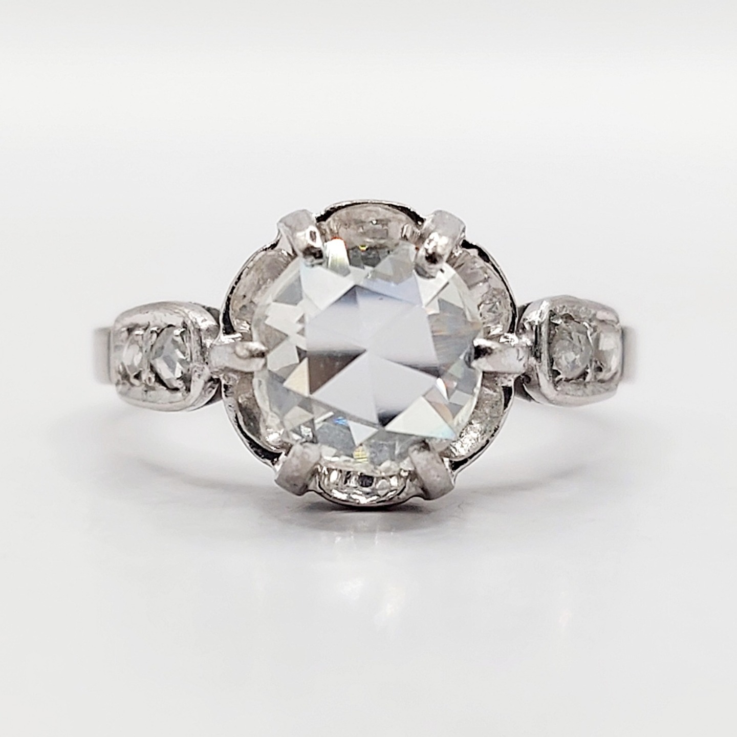 /// SOLD /// French art deco solitaire ring 18k white gold set with a 0.75 carat Antwerp rose cut diamond in a finely crafted setting (circa 1940)
PRICE : 900 €
Magnificent French goldsmith work
Size: 48 FR / 4.5 US
Weight: 3.24 g
Diamond size: approximately 6.7 x 2 mm (estimated at 0.75 carats)
Diamond in good overall condition (some tiny microchips on the edges or under the prongs), a few small inclusions visible under a magnifying glass
Micro scratches from use, small dents and small deformations on the band
Owl hallmark (French hallmarks)
#frenchjewelry #rosecutdiamond #solitaire #diamant #diamonds #antiquediamond #frenchjewelry #artdeco #artdecoring