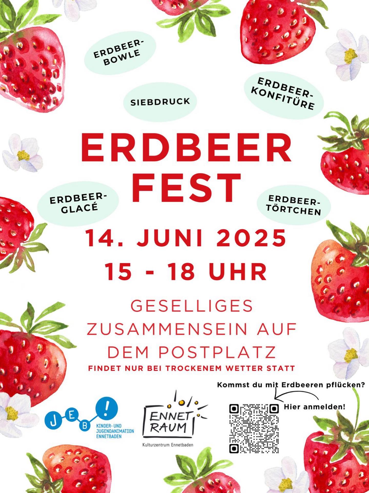 Am kommenden Samstag, 14.6.2025 findet auf dem Postplatz das Erdbeerfest von 15-18 Uhr statt 🍓wir freuen uns auf zahlreiche Besuchende 🤩
@ennetraum @druckbus.ch
#erdbeere #postplatz #jeb #ennetraum #ennetbaden #siebdruck #konfitüre #bowle #erdbeertörtchen #eswirdtoll
