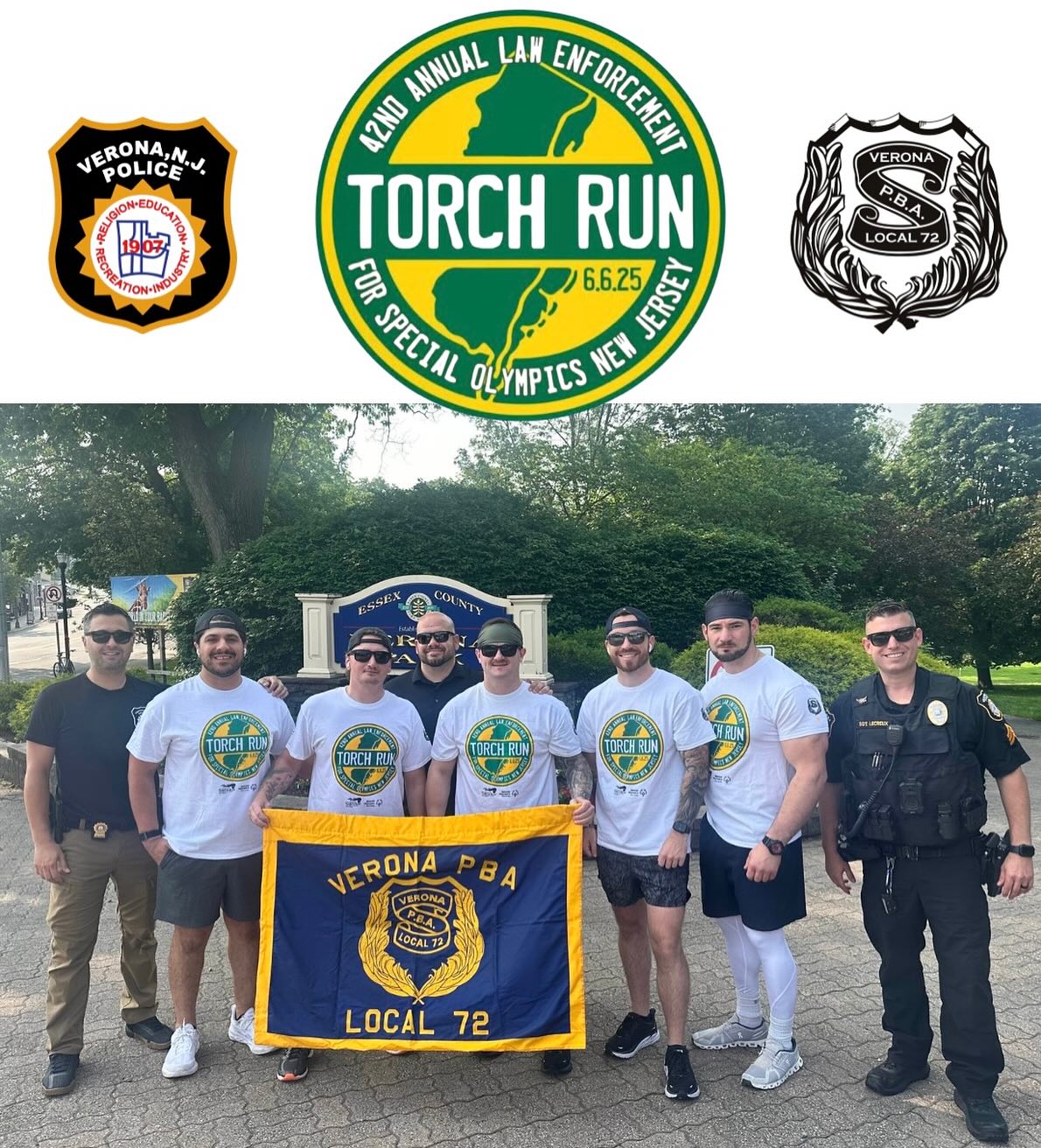 Today, officers from the Verona Police Department participated in the 42nd Annual NJ Law Enforcement Torch Run to raise money and awareness for NJ Special Olympics.
#SpecialOlympics #NJtorchrun
#veronapd #veronapolice #vpd #localpba72
Officers who participated, left to right:
Sgt. Pami
Officer B. McMahon
Detective Maguire
Officer Daly
Lt. Juliano