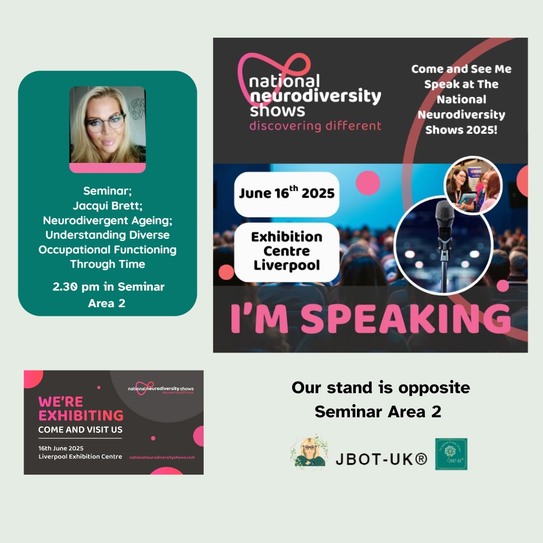 Shamelessly promoting my upcoming seminar on neurodivergent ageing and occupation.
If a seminar is not your thing, I will also be exhibiting; feel free to come over and say hi, no small talk required.
I hope to see you there.
Useful travel and FAQ links: https://www.exhibitioncentreliverpool.com/whats-on/the-national-neurodiversity-show/
Useful show info: https://nationalneurodiversityshows.com/liverpool-show/
#JBOTUK #OT #Neurodiversity #Autism #ADHD #Dyspraxia #NeurodivergentAgeing #AcrossTheLifespan #Sensory #Occupation #LivedExperience