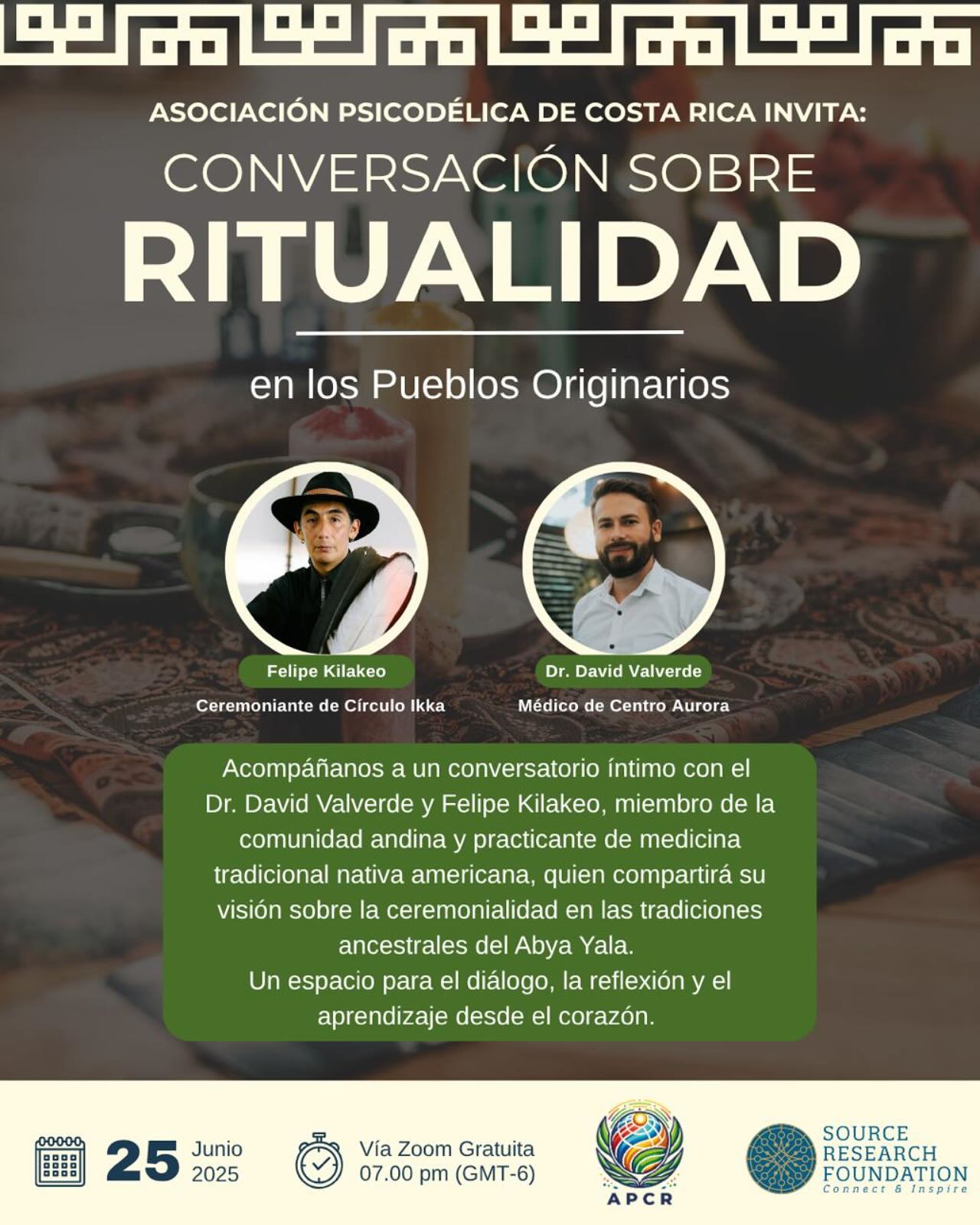 Este miércoles 25 de junio, te invitamos a un espacio íntimo de aprendizaje con Felipe Kilakeo, miembro de la comunidad andina y practicante de medicina tradicional nativa americana.
A partir de las 07:00pm, exploraremos el sentido profundo de la ceremonialidad en las tradiciones ancestrales del Abya Yala, en un diálogo abierto con la comunidad de la Asociación Psicodélica de Costa Rica.
El Dr. David Valverde estará acompañando esta conversación para facilitar el intercambio entre visiones culturales y profundizar en los temas que surjan desde el corazón de quienes participen.
📩 Podés enviar tus preguntas con antelación o compartirlas en vivo por el chat.
🗓 Fecha: Miércoles 25 de junio
🕖 Hora: 7:00 p.m. a 8:30 p.m. (hora CR)
📍 Plataforma: Zoom
🔗 Enlace de inscripción: (link disponible pronto)
Un encuentro para recordar que el camino espiritual también se camina en comunidad. ✨