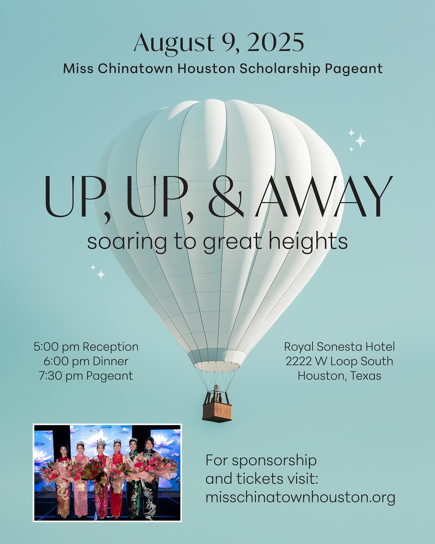 Up, Up, and Away…Join us for our upcoming scholarship pageant—where talent meets opportunity and confidence takes the crown!
August 9, 2025
5:00 pm Reception
6:00 pm Dinner
7:00 pm Pageant
Royal Sonesta Hotel
2222 W Loop South
Houston, TX
For sponsorship and tickets visit
www.misschinatownhouston.org
#misschinatownhouston #misschinatown #pageantlife #cacahoustonlodge