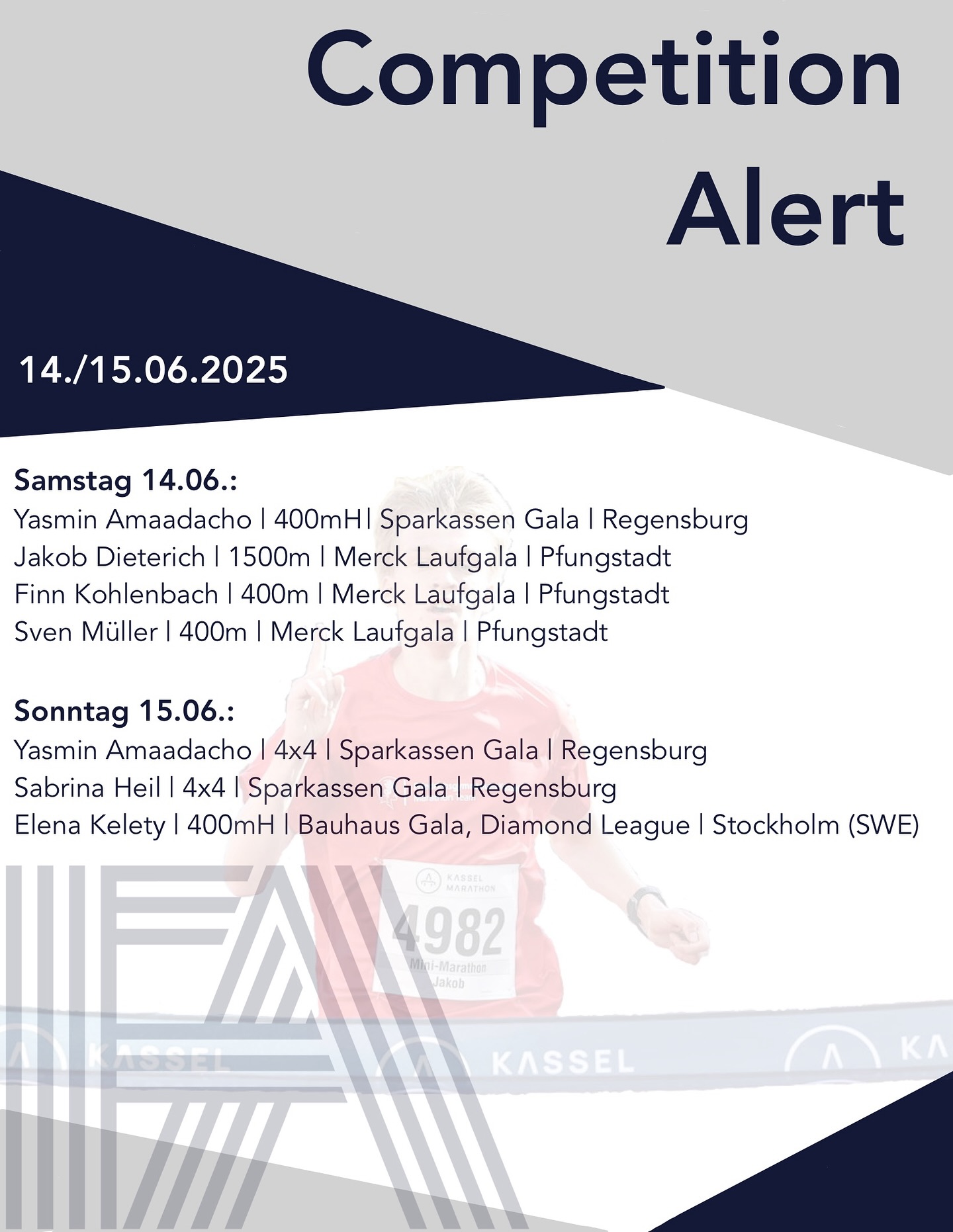 Ein neues Wettkampf-Wochenende steht an 🔥:
Los geht es am Samstag zum einen in Regensburg für @yasmin.amaa über 400mH bei der Sparkassen Gala 💥.
Bei der Merck Laufgala in @pfungstadt_la starten gleich drei unserer Athleten 🙌💪: @jakob_dieterich über 1500m und @sven_mr04 und @finn.koh über 400m ⚡️.
.
Am Sonntag geht das Wochenende für @yasmin.amaa mit der 4x400m U23 Nationalstaffel weiter, in der ebenfalls @sabrina.heil an den Start gehen wird 🙌💥!
.
Und den krönenden Abschluss macht dann @elena.kelety und debütiert bei der @diamondleagueathletics in Stockholm über 400mH💎🚧!
.
Wir wünschen allen starten viel Erfolg an diesem sonnigen Wochenende 🙌🍀!
.
.
#frankfurtathletics #germanyathletics #fa #faster #higher #further