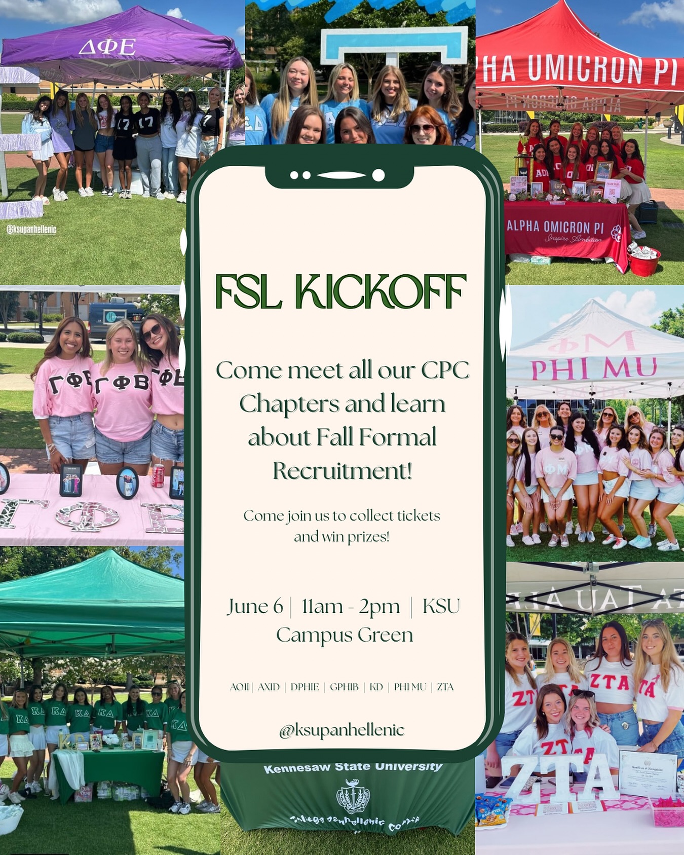 Our first FSL Kickoff Event has been so much fun! 💚🤍 Get the chance to meet all of our chapters here offered at KSU and gain more insight into the Formal Recruitment Process!!!
Collect tickets from each of our CPC Chapter tents in order to get a chance at winning a gift- Candy, Buttons, Face Masks, Stickers, Formal Recruitment Registration Fee Discount, & more 👀👀